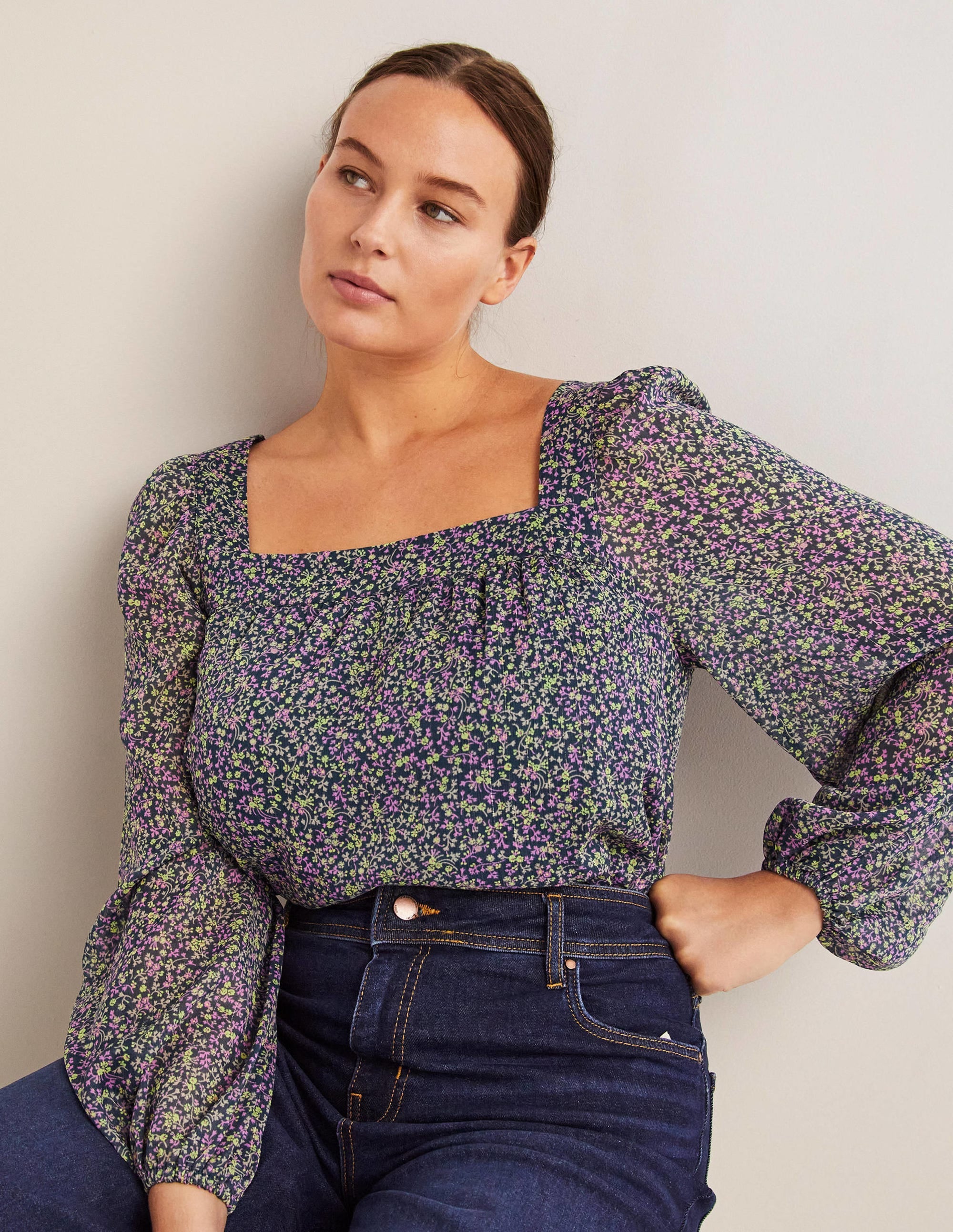 Square Neck Printed Top-Seaweed, Wild Vine - Image 4