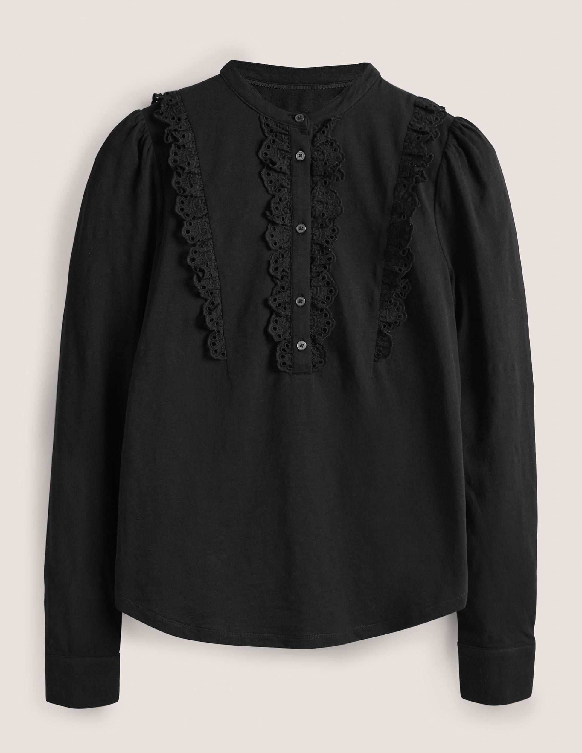 Broderie Ruffle Jersey Top-Black-5