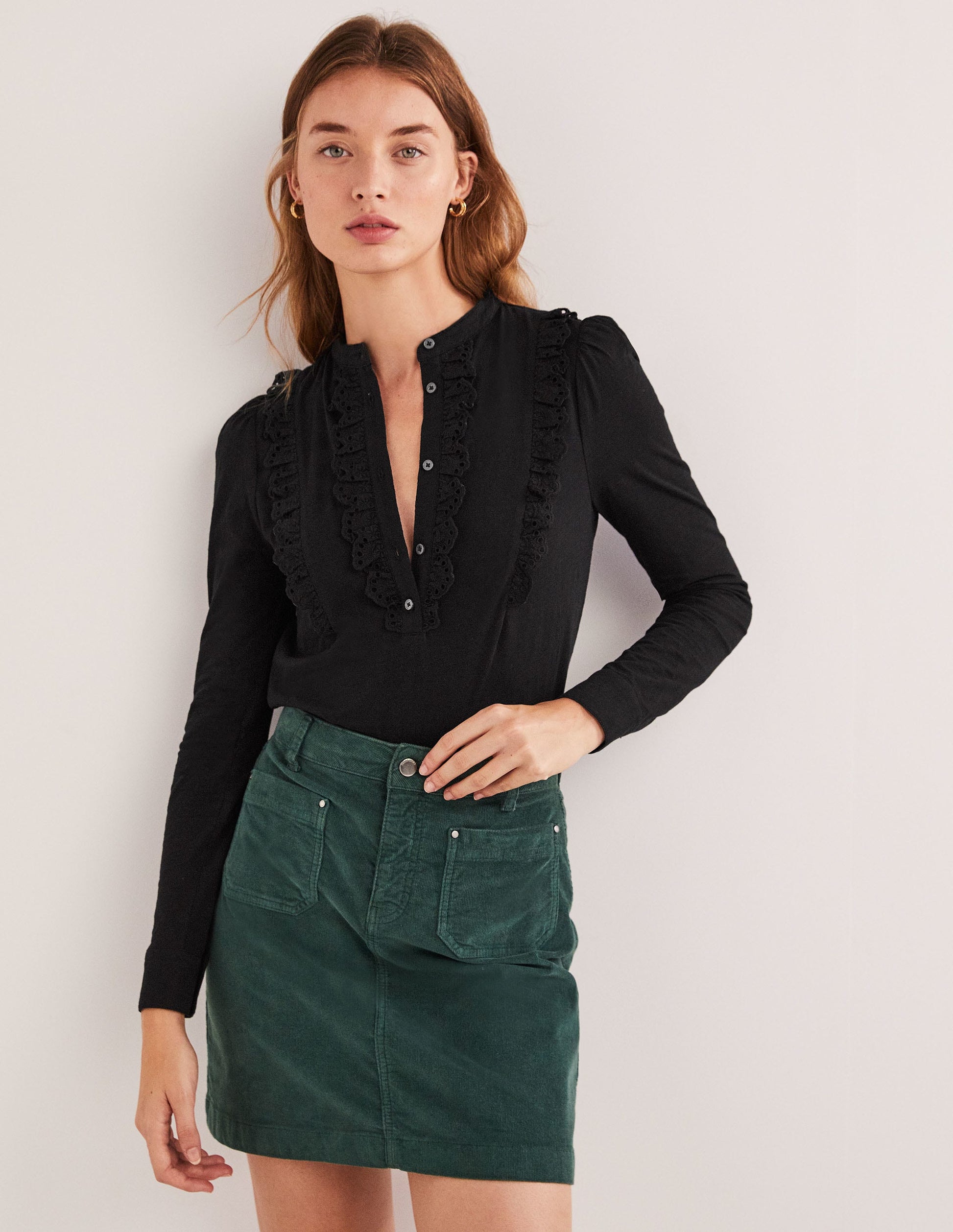 Broderie Ruffle Jersey Top-Black-1
