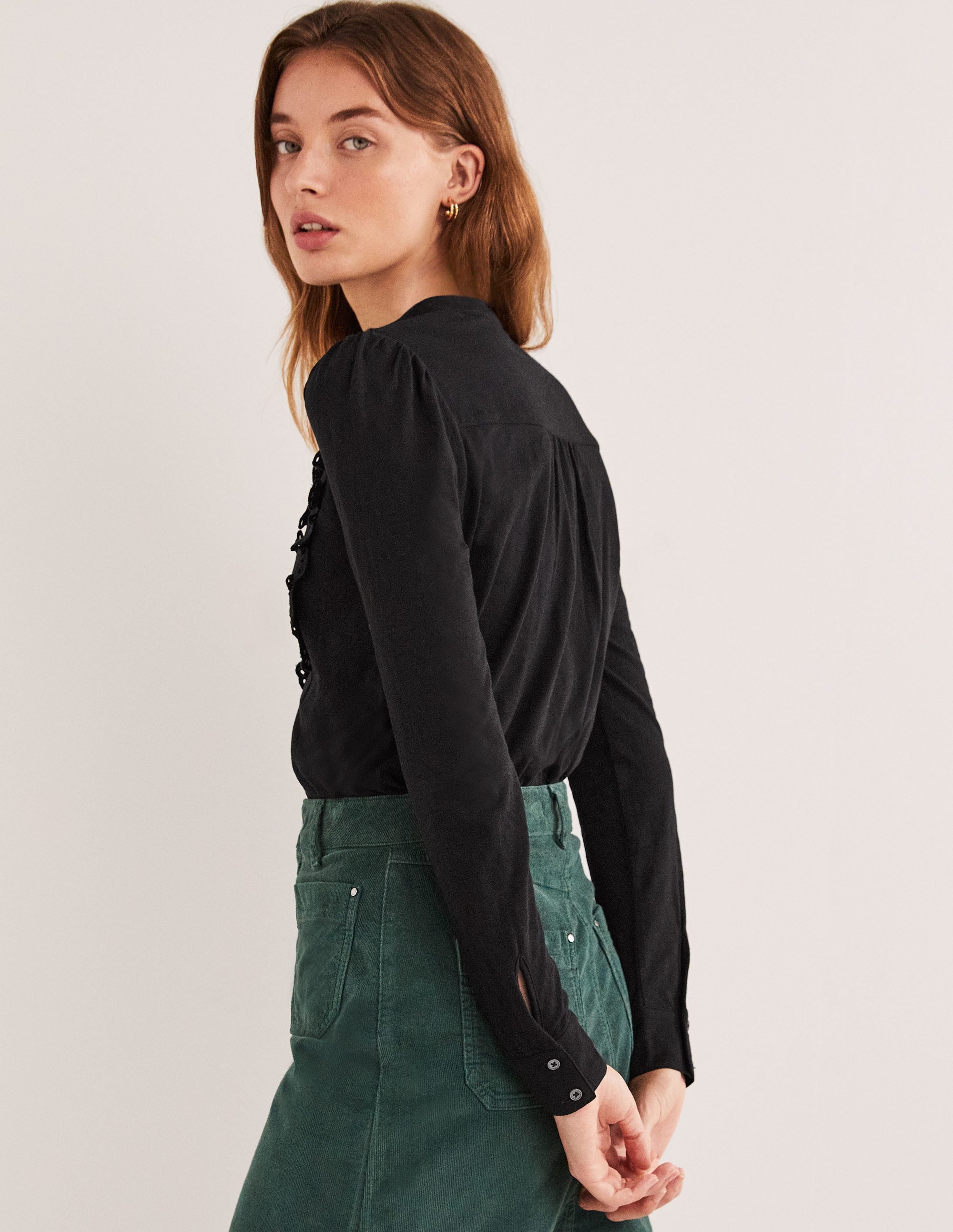 Broderie Ruffle Jersey Top-Black - Image 3