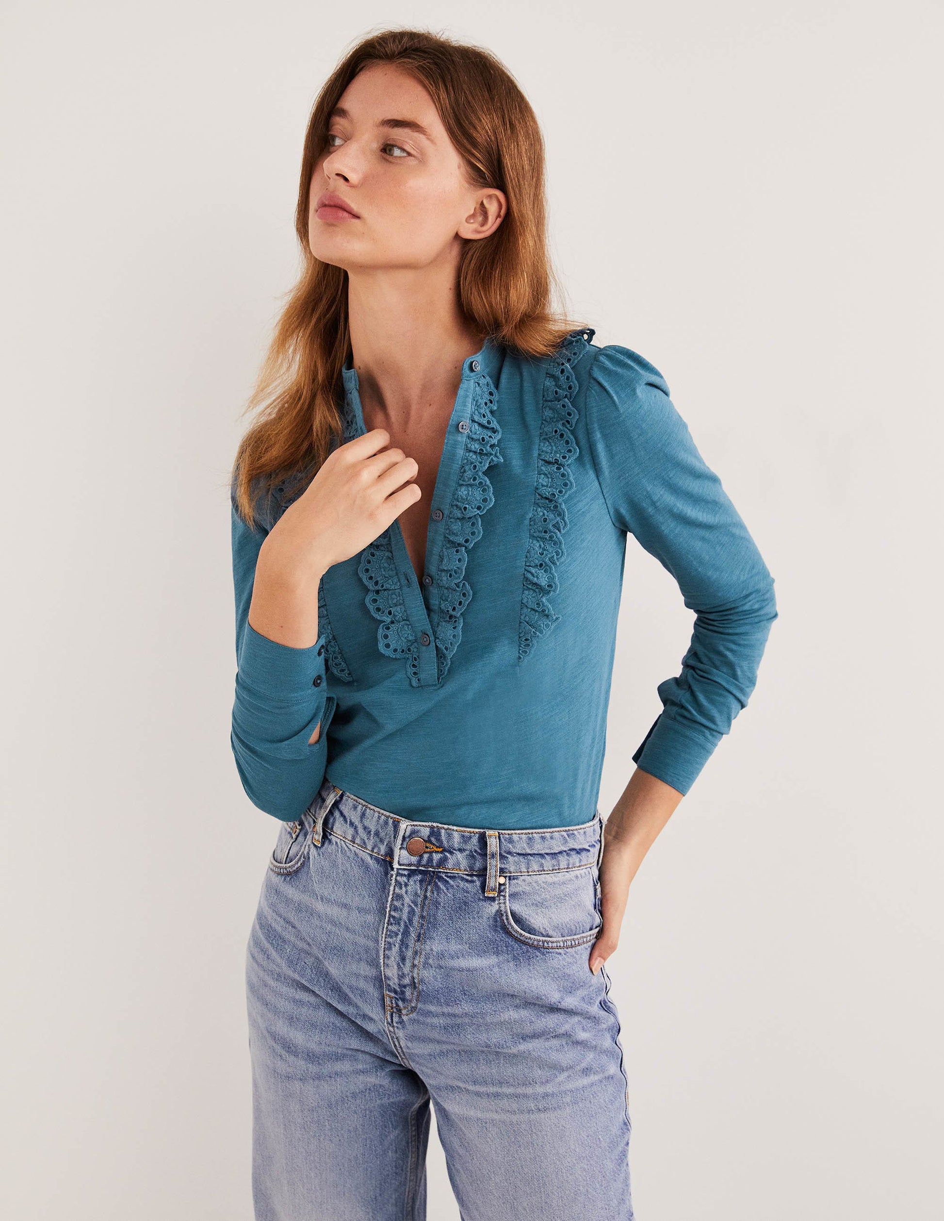 Jerseyoberteil mit Lochstickerei-Rüschen-Offiziersblau-1