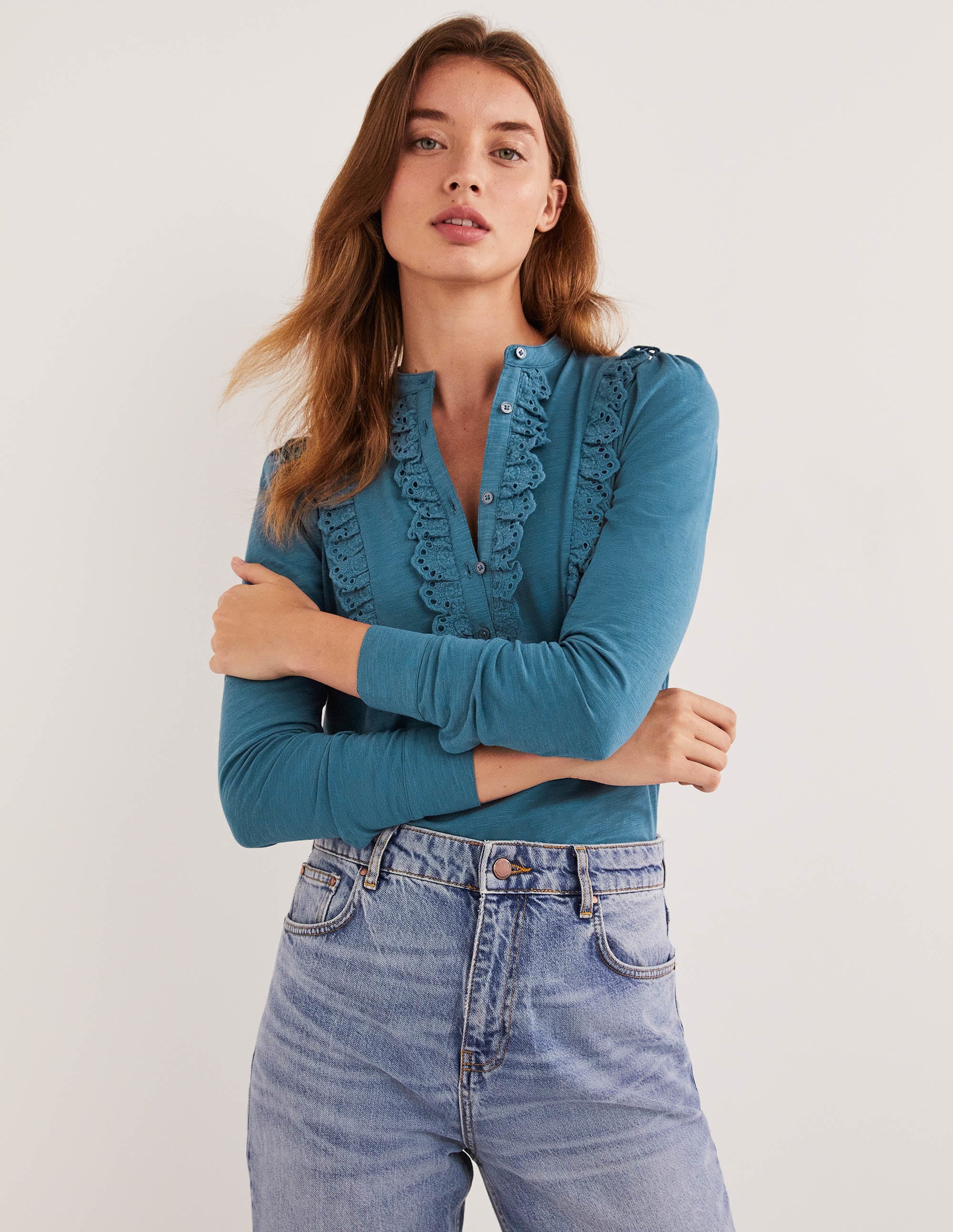 Jerseyoberteil mit Lochstickerei-Rüschen-Offiziersblau - Image 4