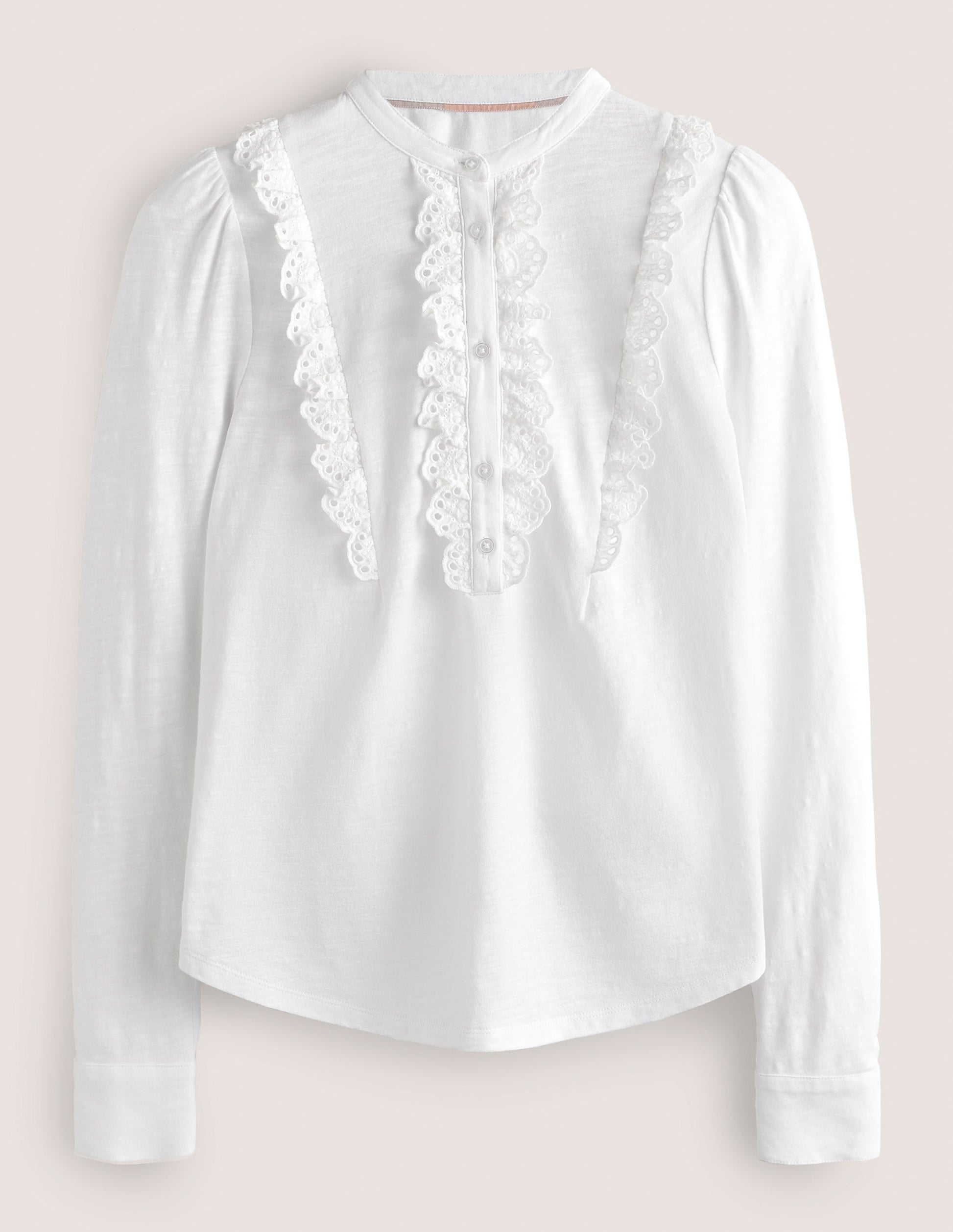 Broderie Ruffle Jersey Top-White-6
