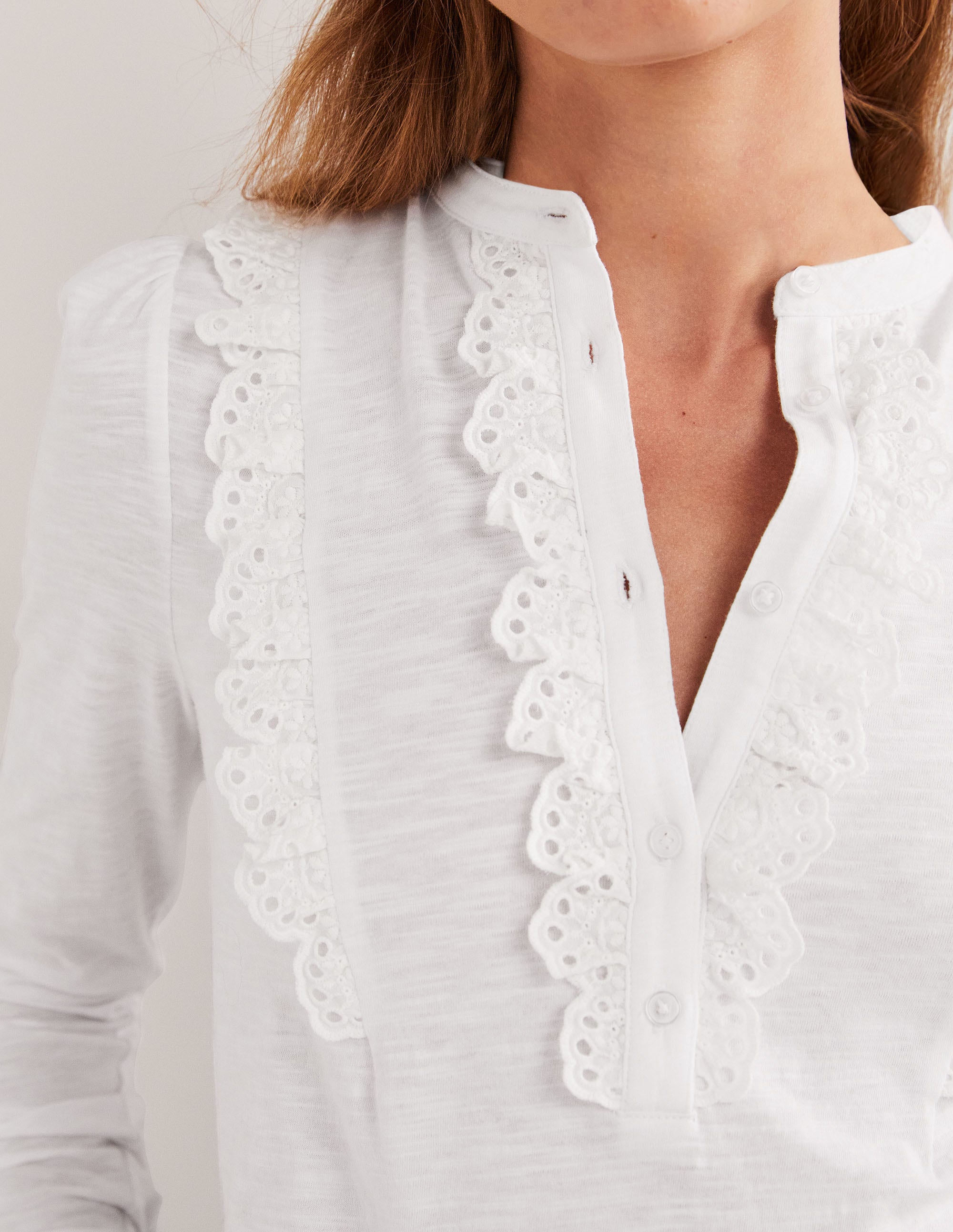 Broderie Ruffle Jersey Top-White - Image 2