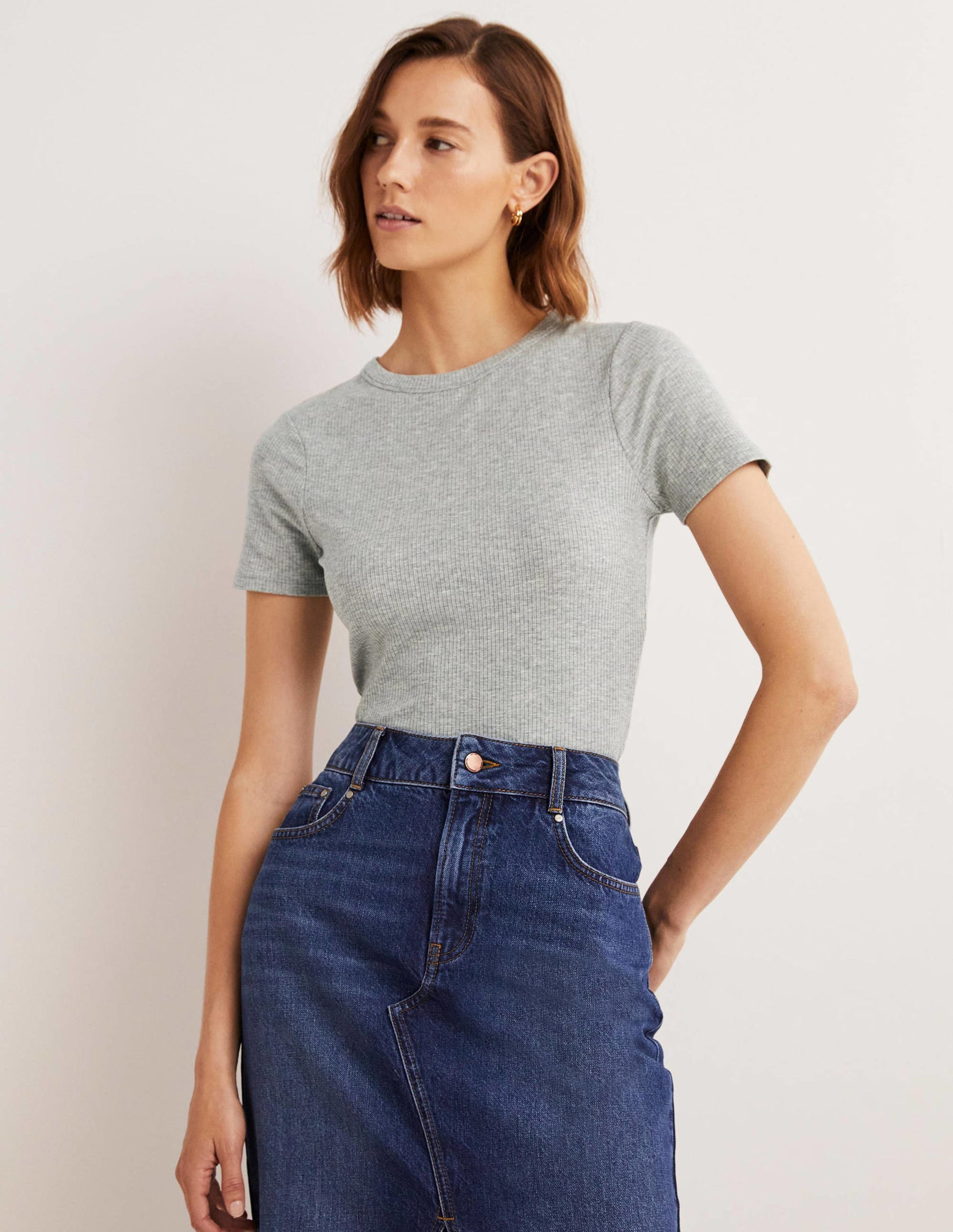 Geripptes T-Shirt mit Rundhalsausschnitt-Grau Meliert-1