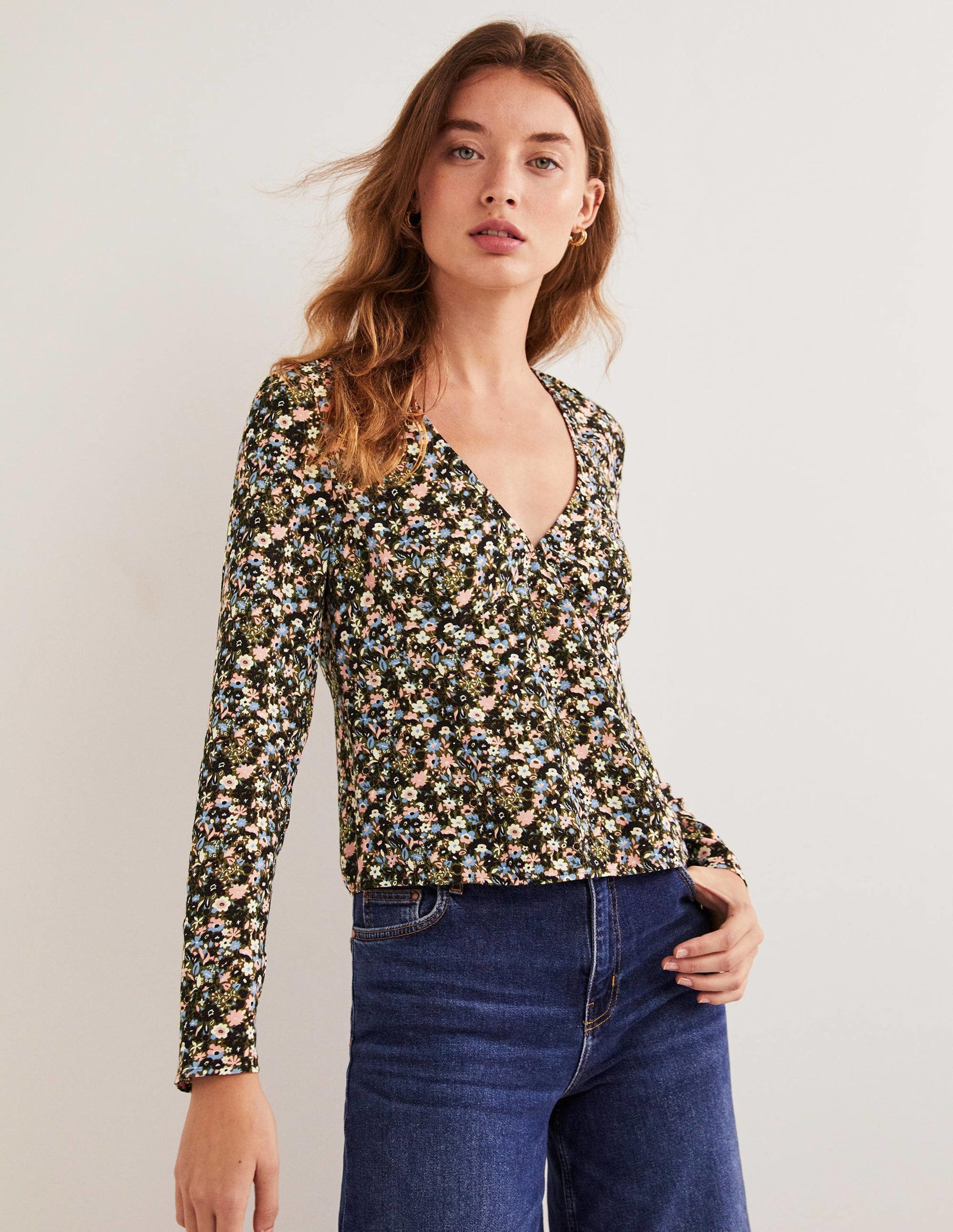 Printed V-Neck Top-Basil, Floret Meadow-1