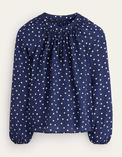 Seidenbluse mit gerafftem Kragen-Marineblau Punkte-5