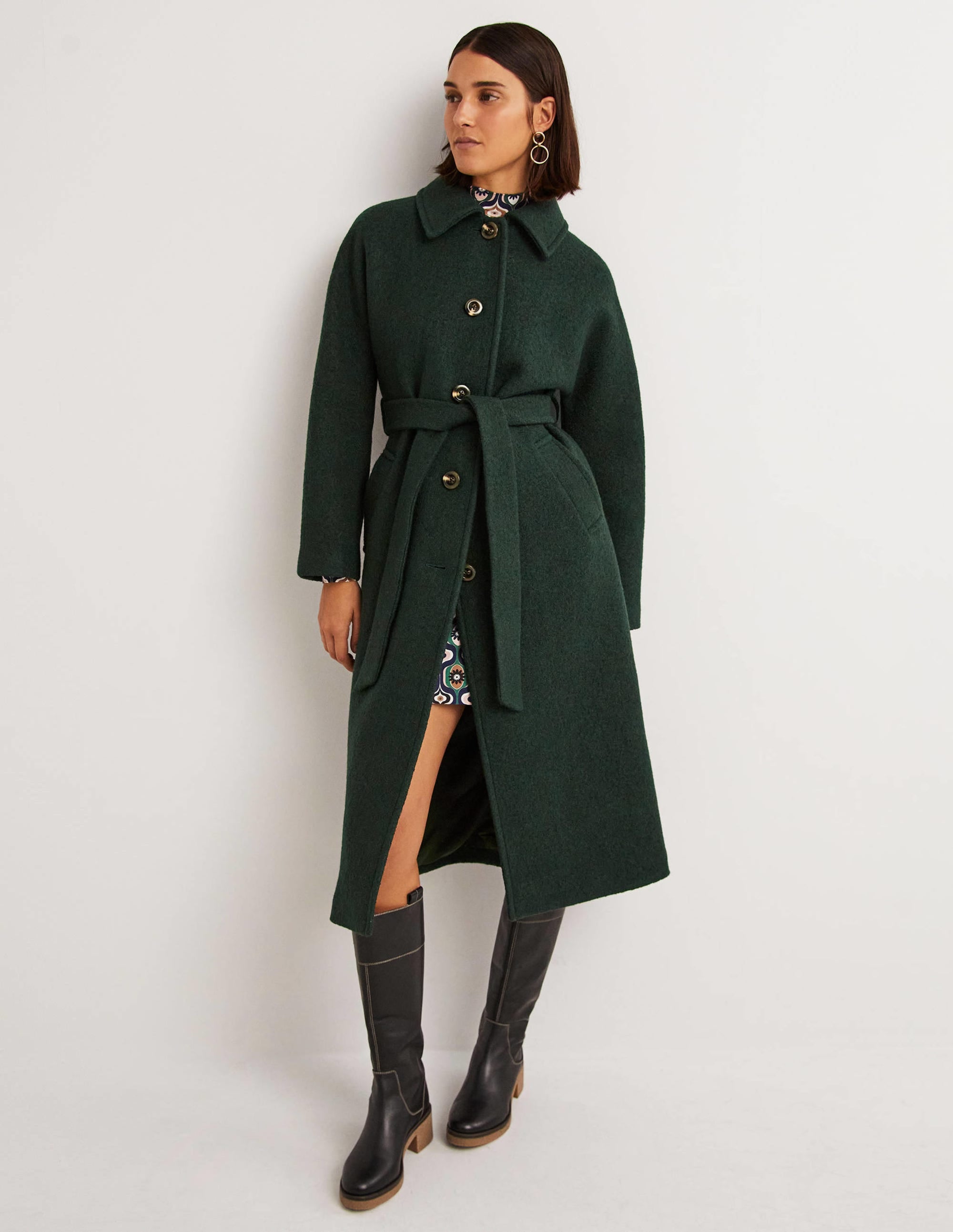 Manteau long à ceinture en laine texturée-Albete - Image 1