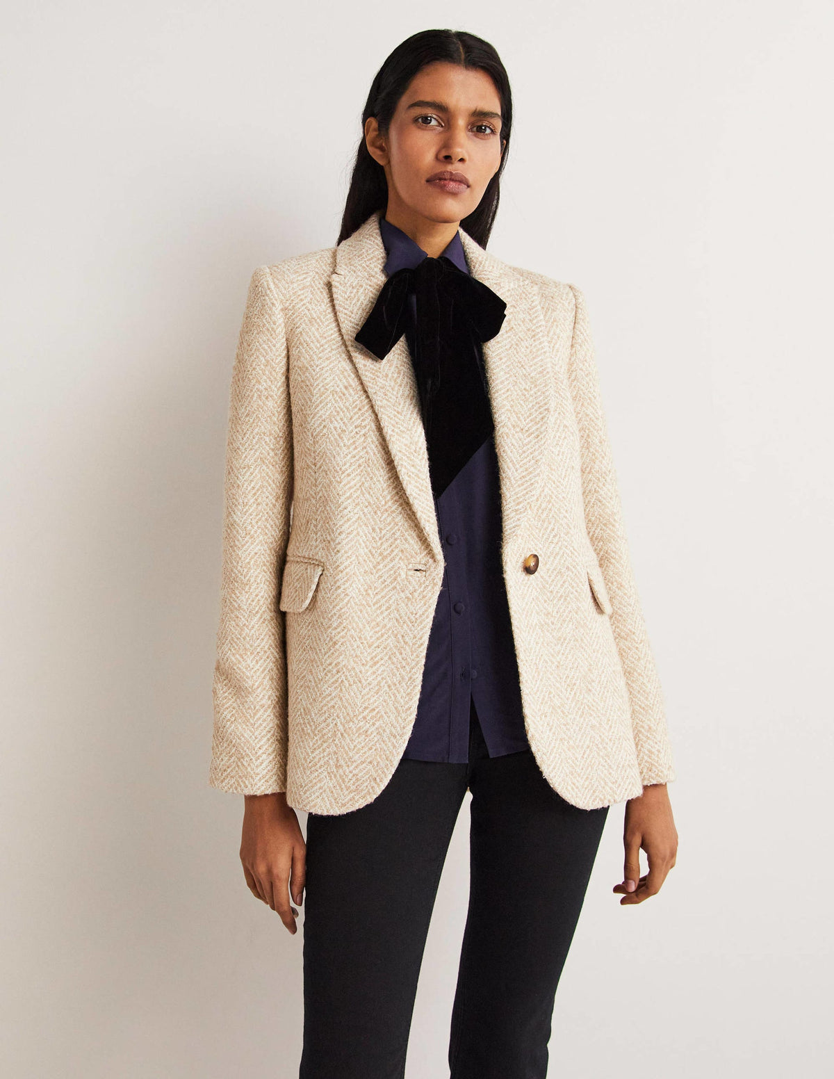 Taillierter Blazer mit Fischgrätmuster-Ecru/Gold, Fischgrätmuster-4