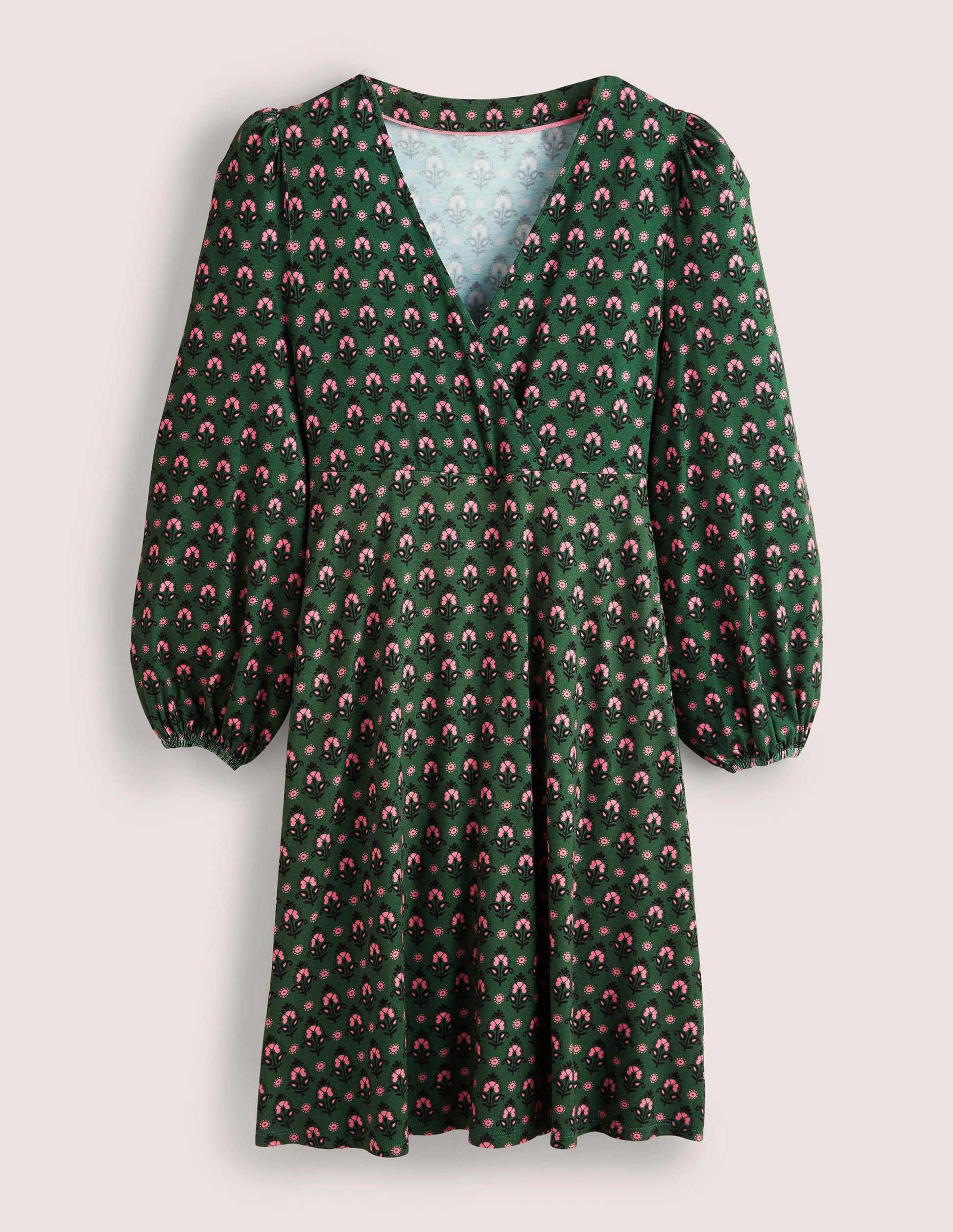 Unkompliziertes Jerseykleid mit fixierter Wickeloptik-Jägergrün, Gobelin-Knospen-5