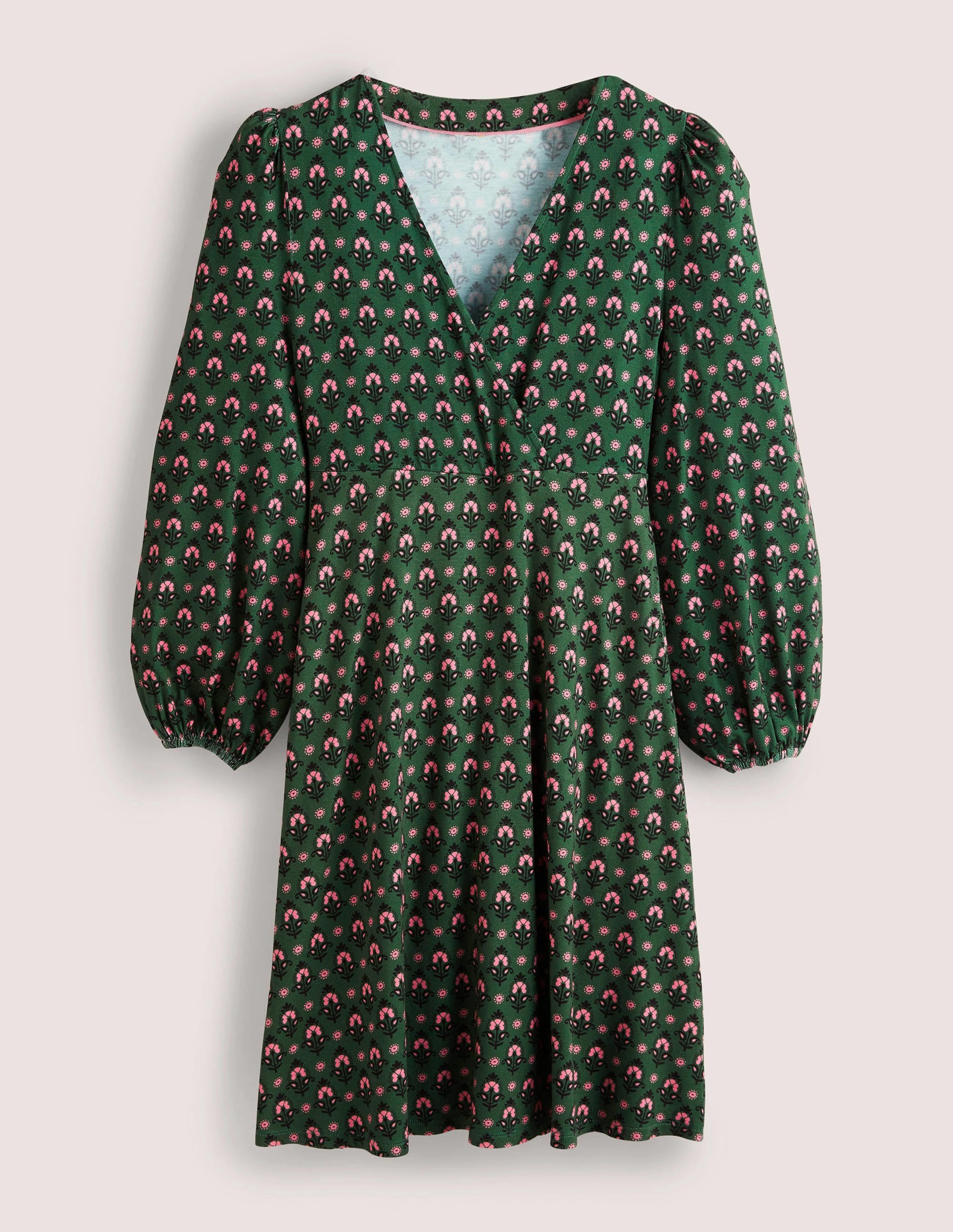 Unkompliziertes Jerseykleid mit fixierter Wickeloptik-Jägergrün, Gobelin-Knospen - Image 5