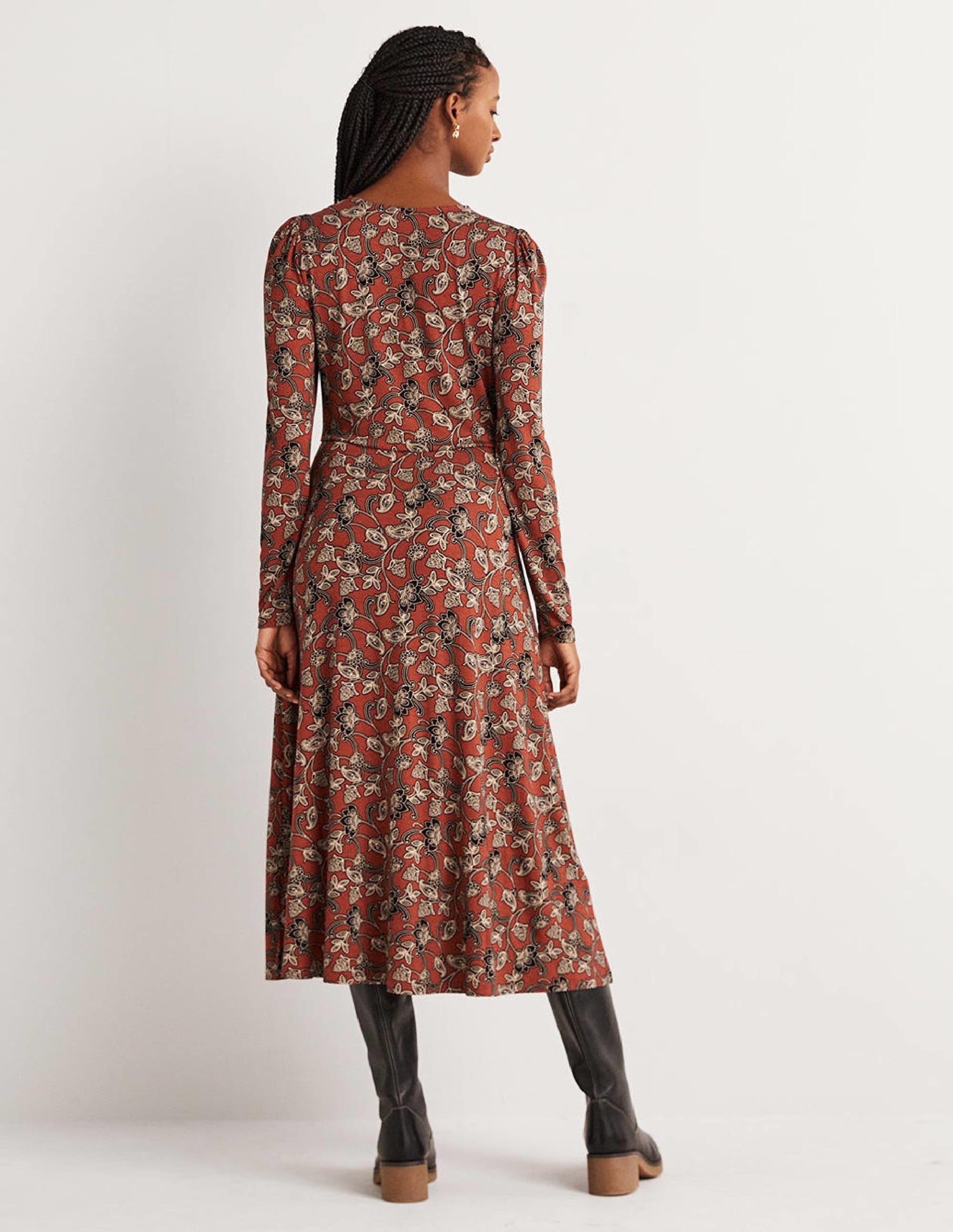 Jersey-Midikleid mit Rundhalsausschnitt-Chiliölrot, Geschwungenes Paisleymuster - Image 3