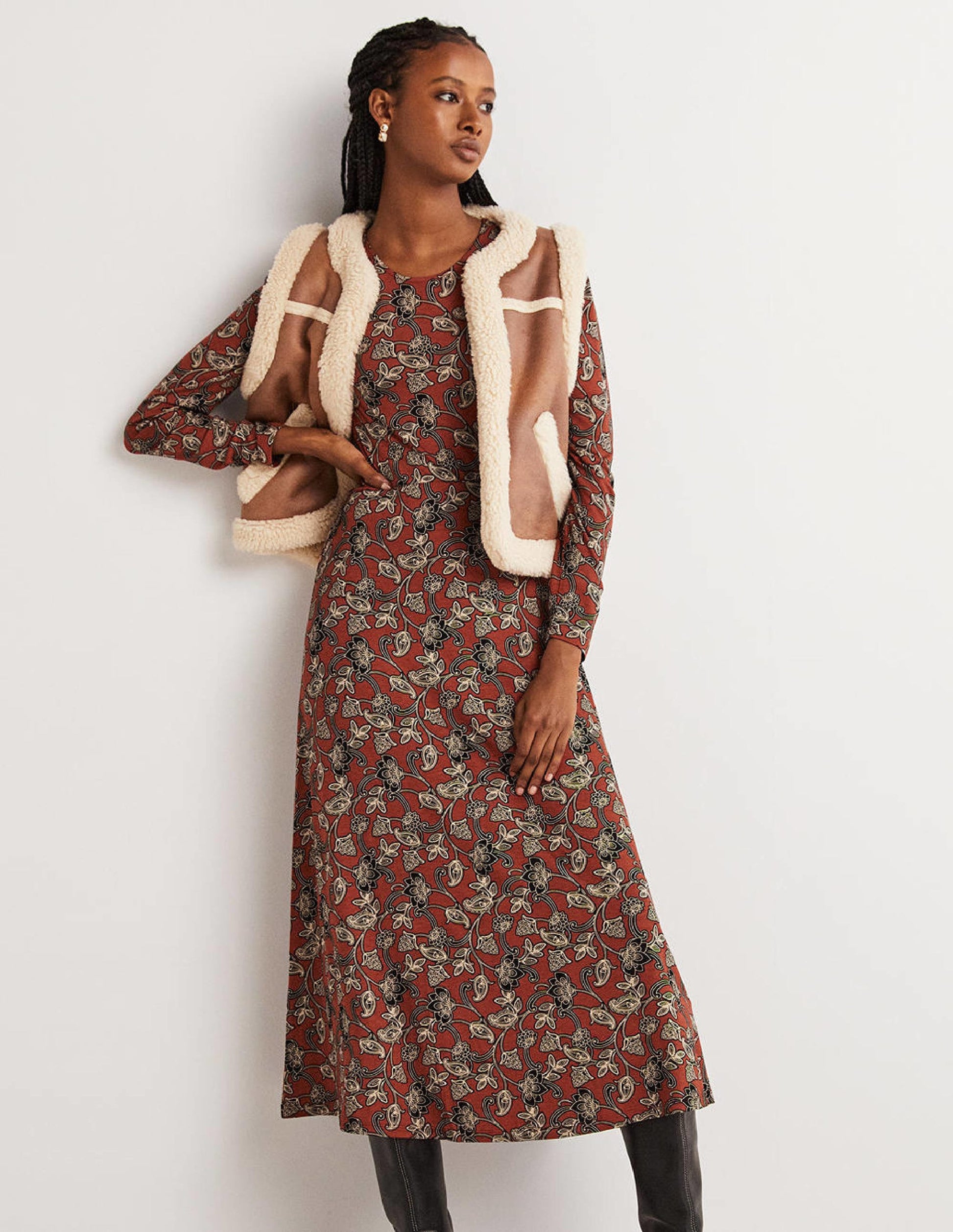 Jersey-Midikleid mit Rundhalsausschnitt-Chiliölrot, Geschwungenes Paisleymuster-4