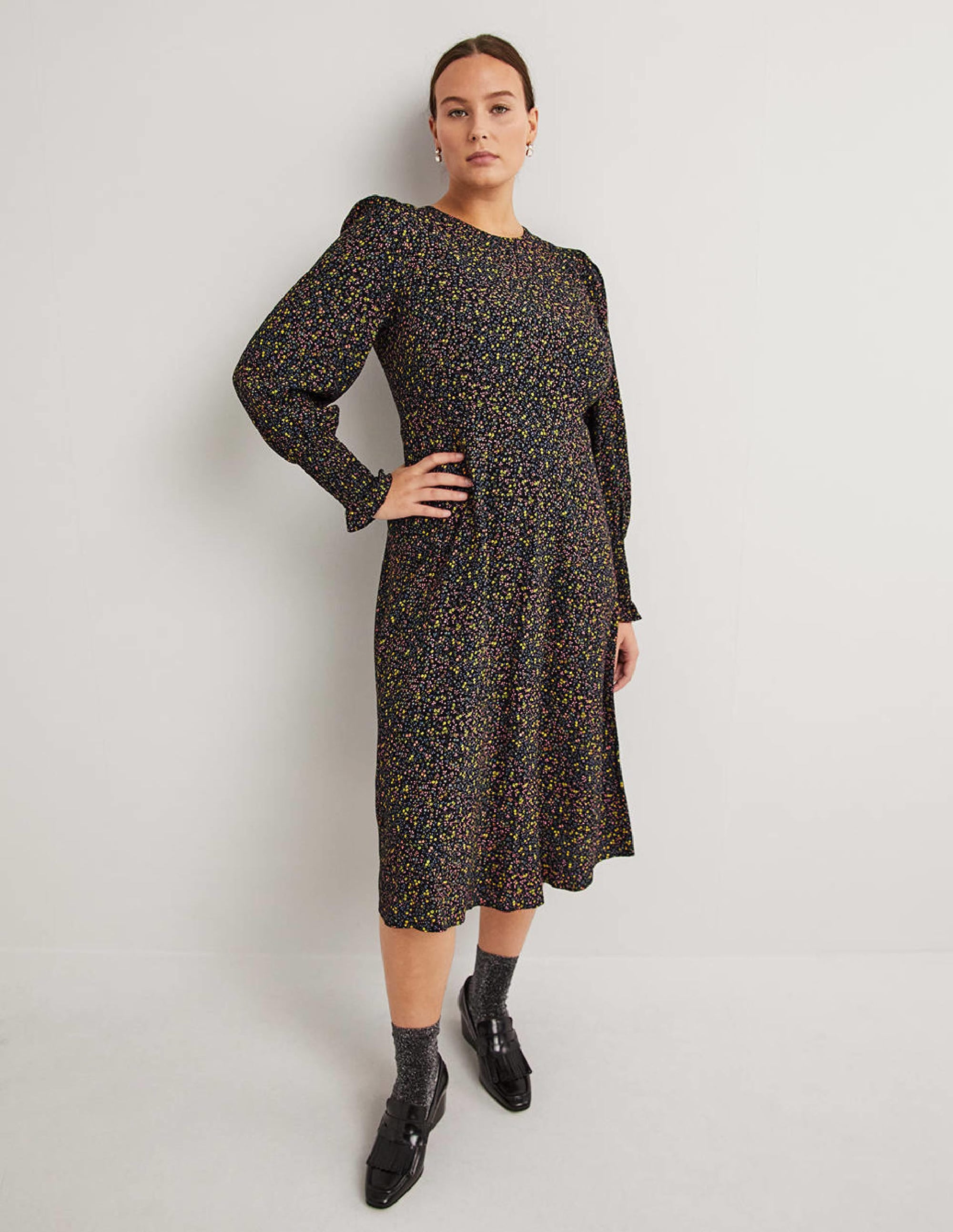 Smocked Cuff Midi Dress-Black, Wild Vine - Image 1