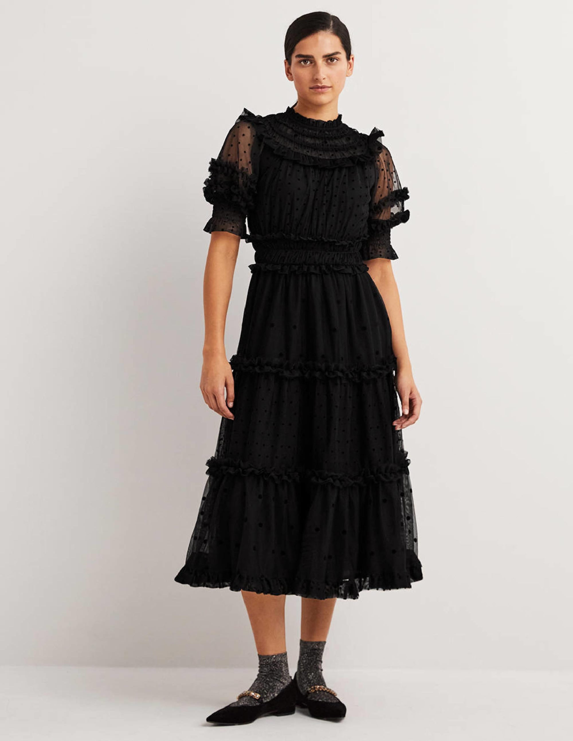 Black Polka Dot Tulle Midi Dress-Schwarz - Image 1