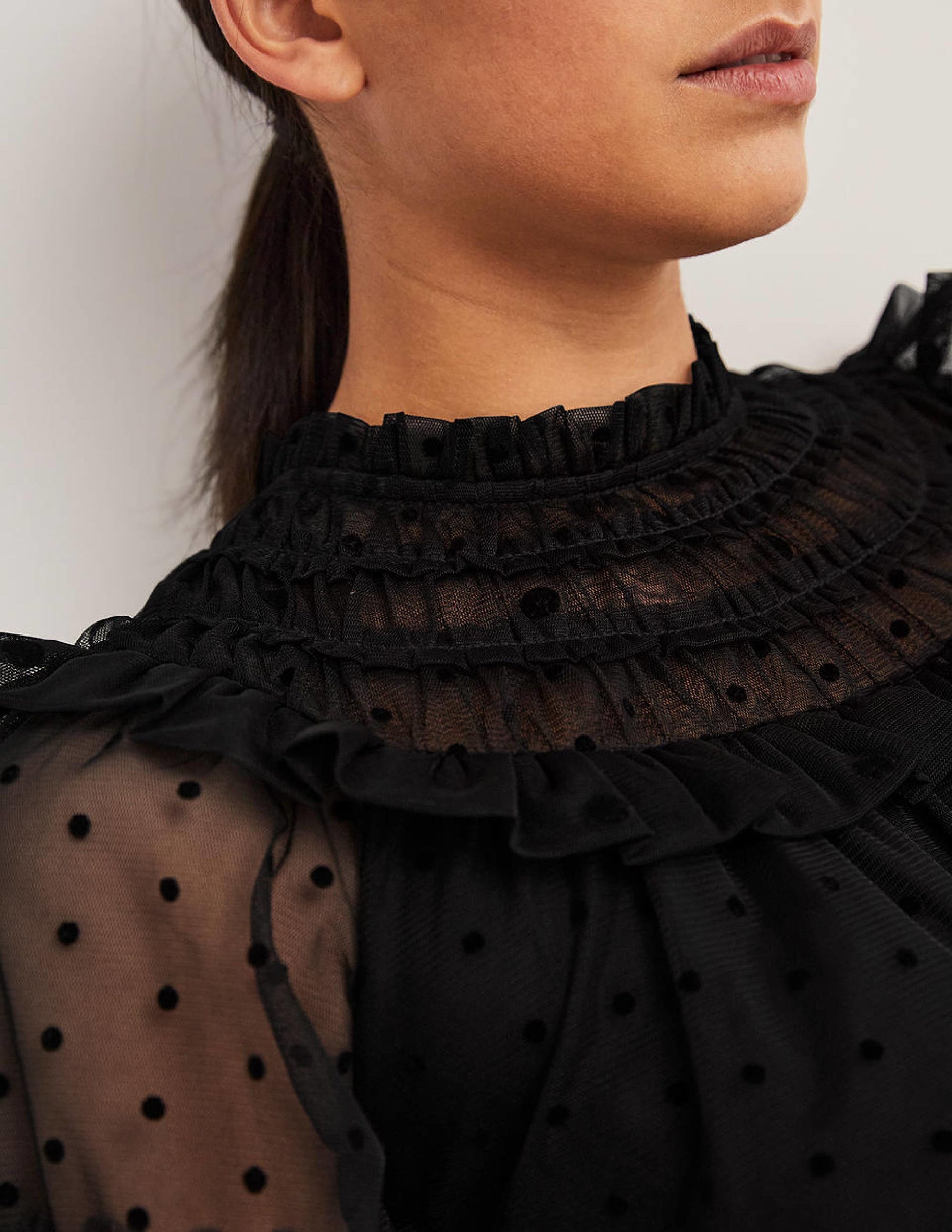 Black Polka Dot Tulle Midi Dress-Schwarz-2