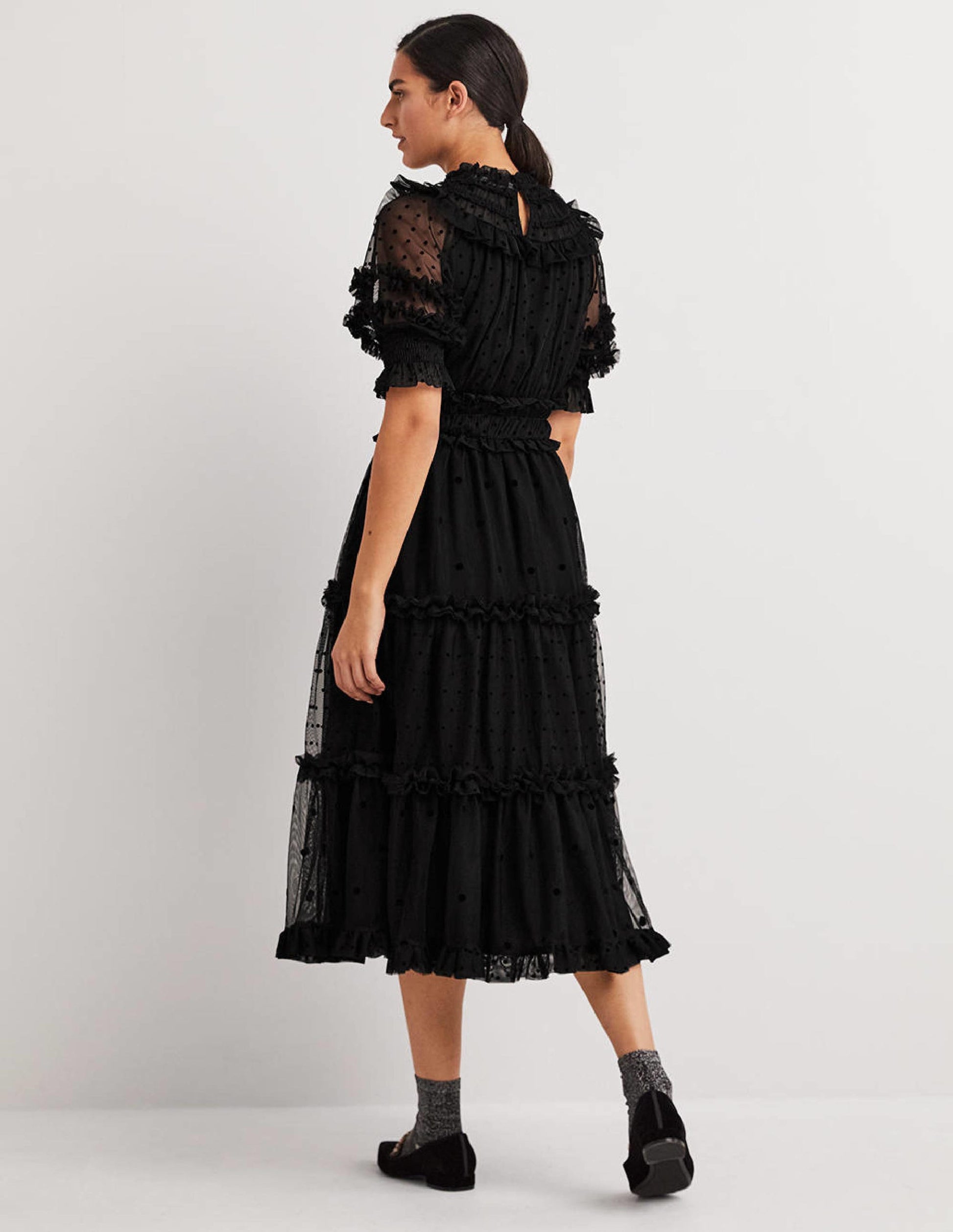 Black Polka Dot Tulle Midi Dress-Schwarz-3