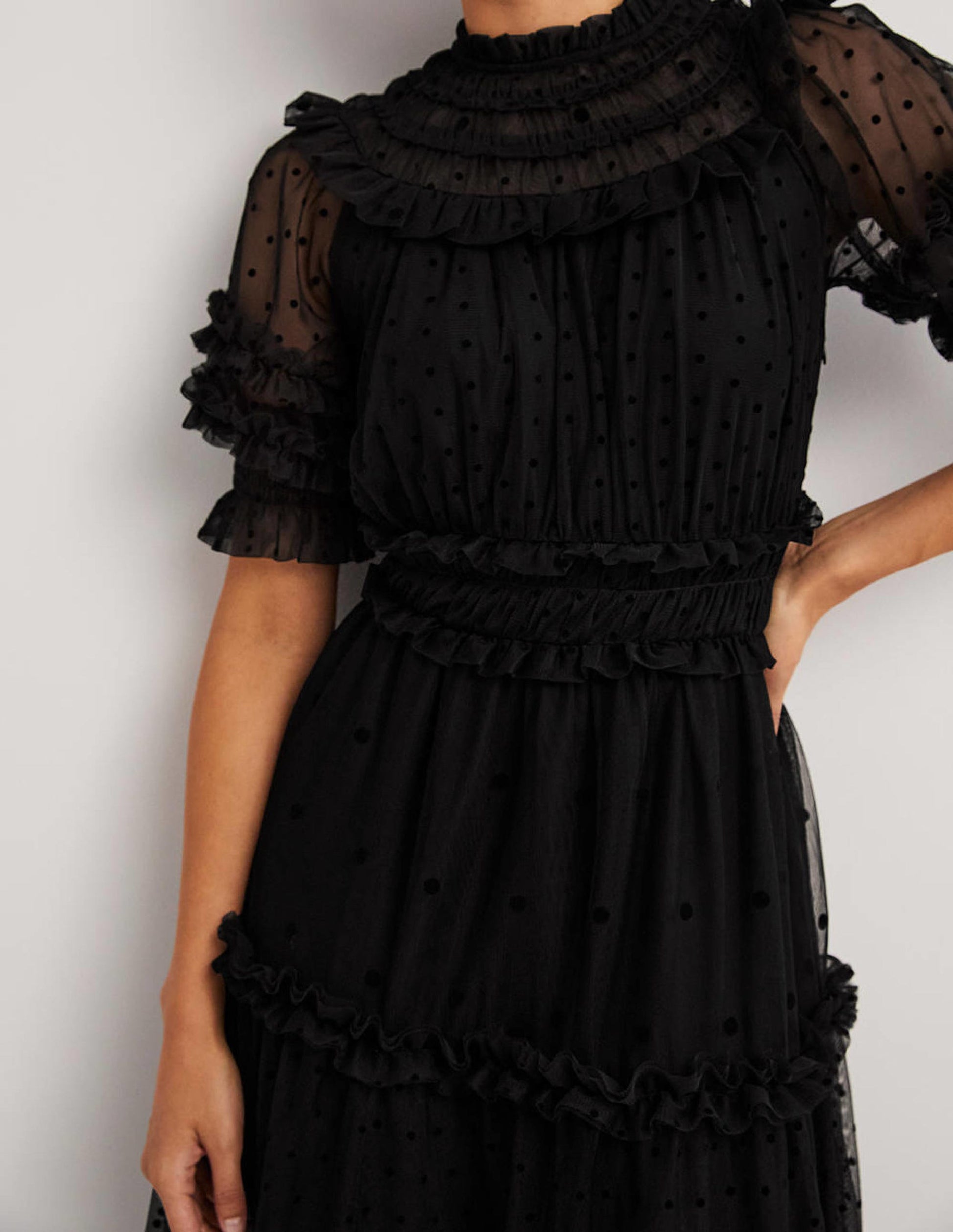 Black Polka Dot Tulle Midi Dress-Schwarz-4
