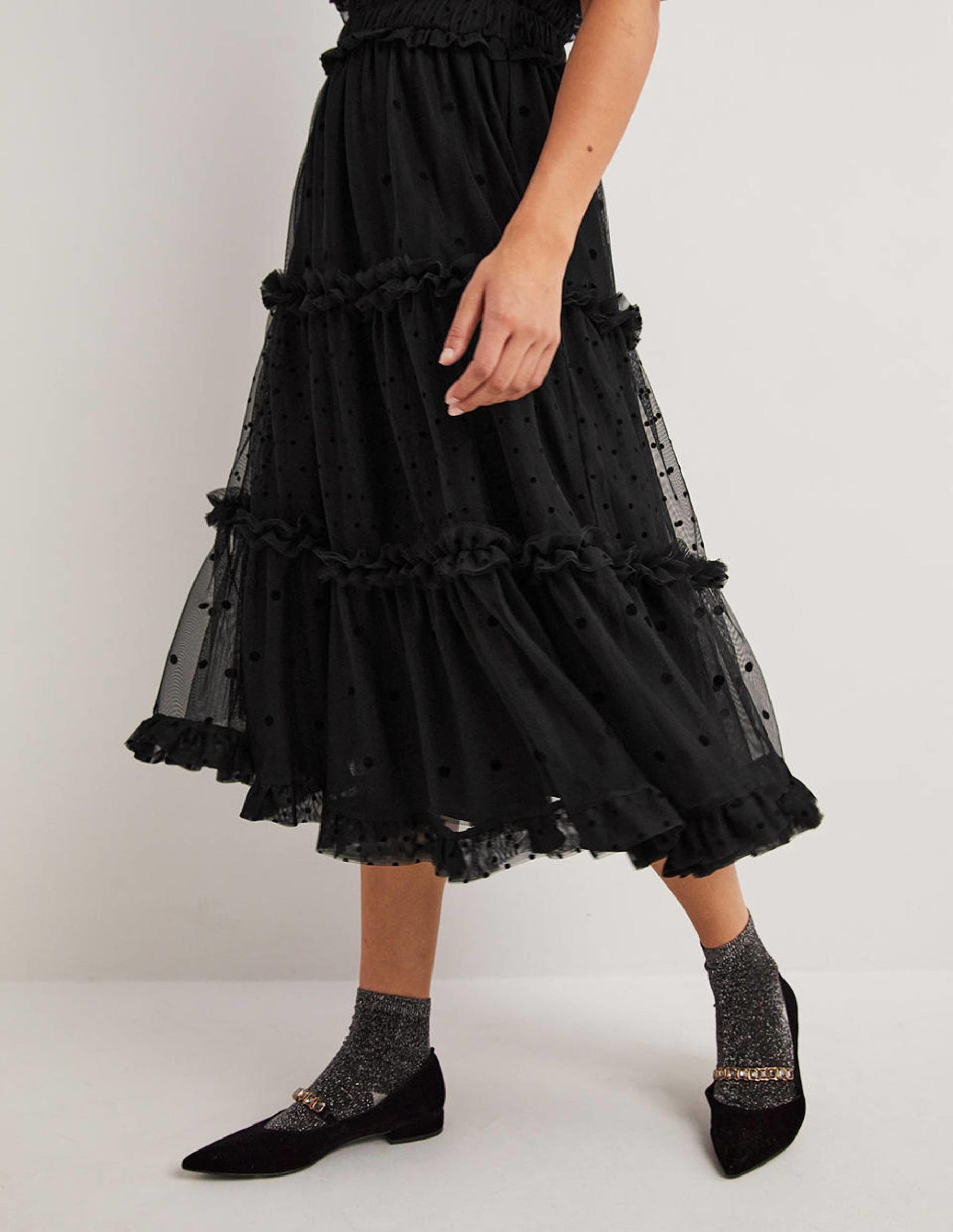 Black Polka Dot Tulle Midi Dress-Schwarz-5