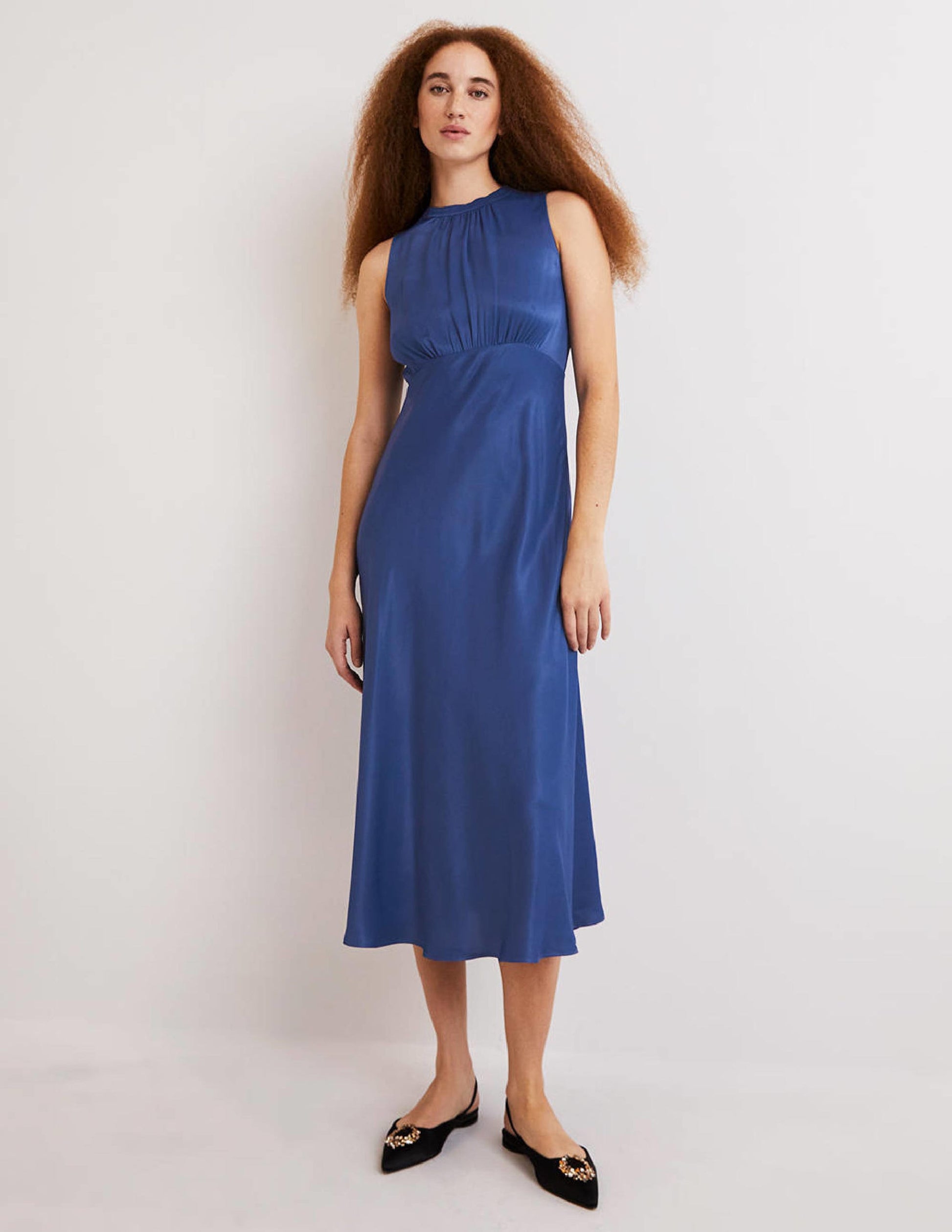 Blue Bias-cut Satin Midi Dress-Bleu mer-4