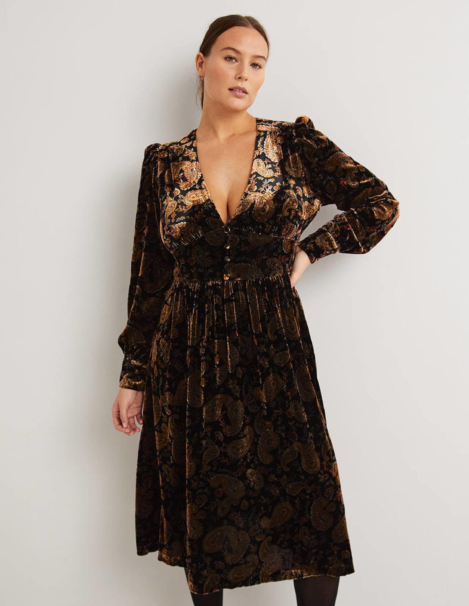 Black Paisley Velvet Midi Party Dress-Schwarz, Paisleymuster-1