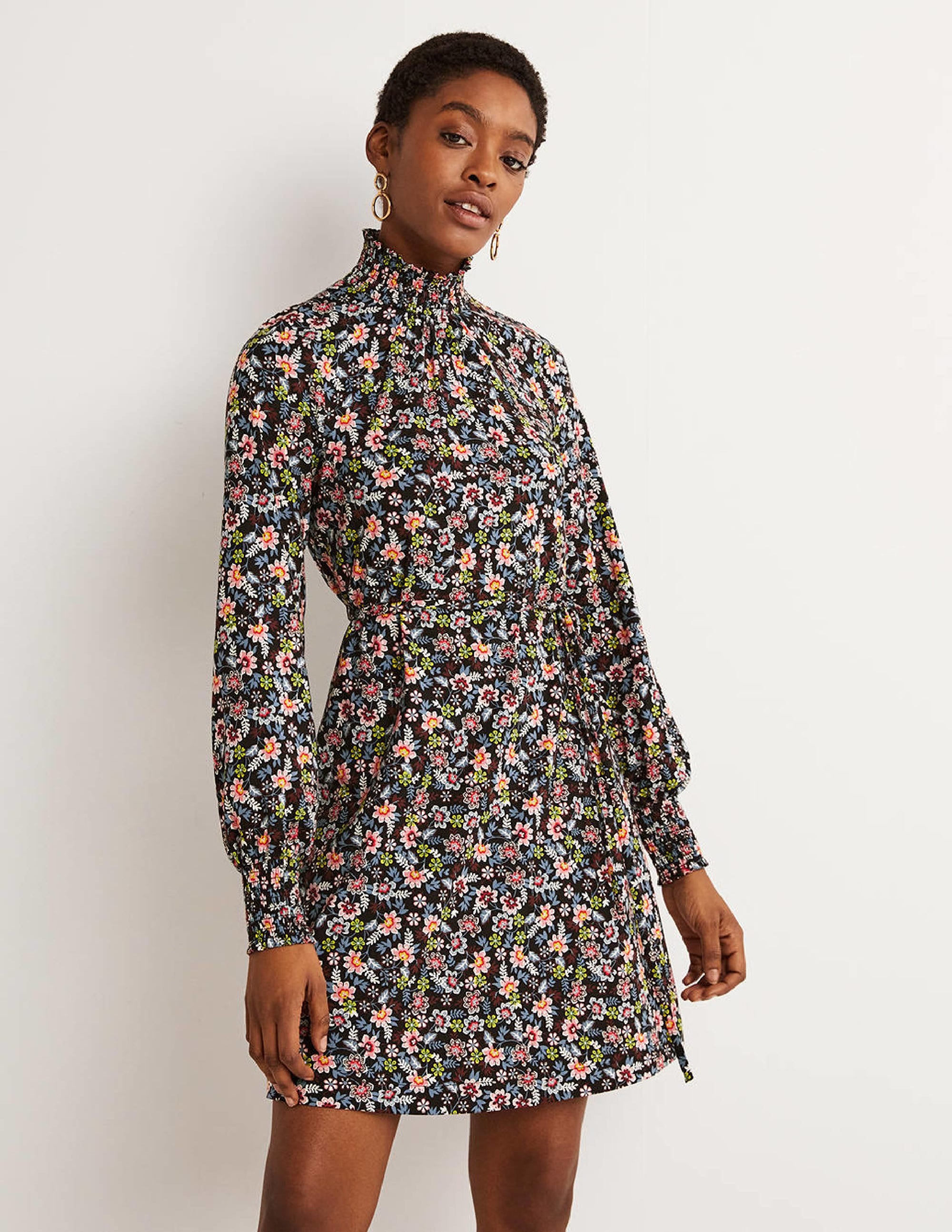 Black Floral High-Neck Shift Dress-Black, Opulent Leaf - Image 1