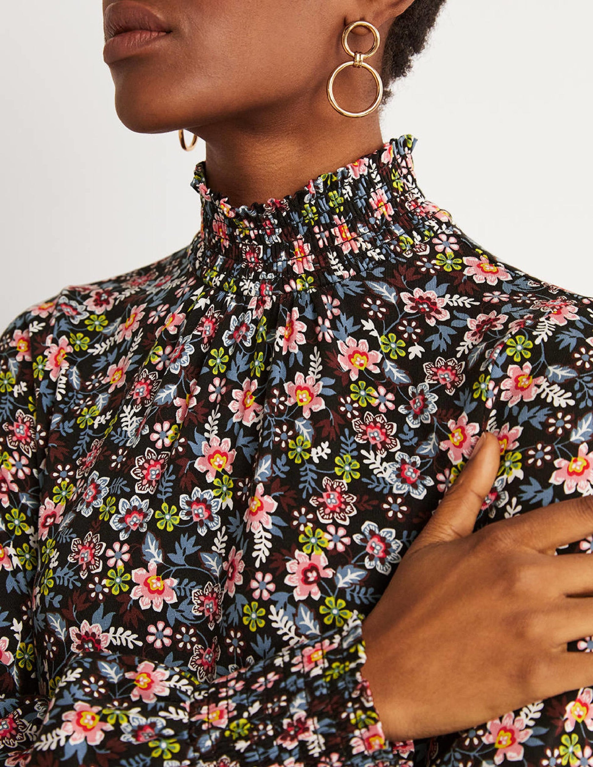 Black Floral High-Neck Shift Dress-Black, Opulent Leaf-2
