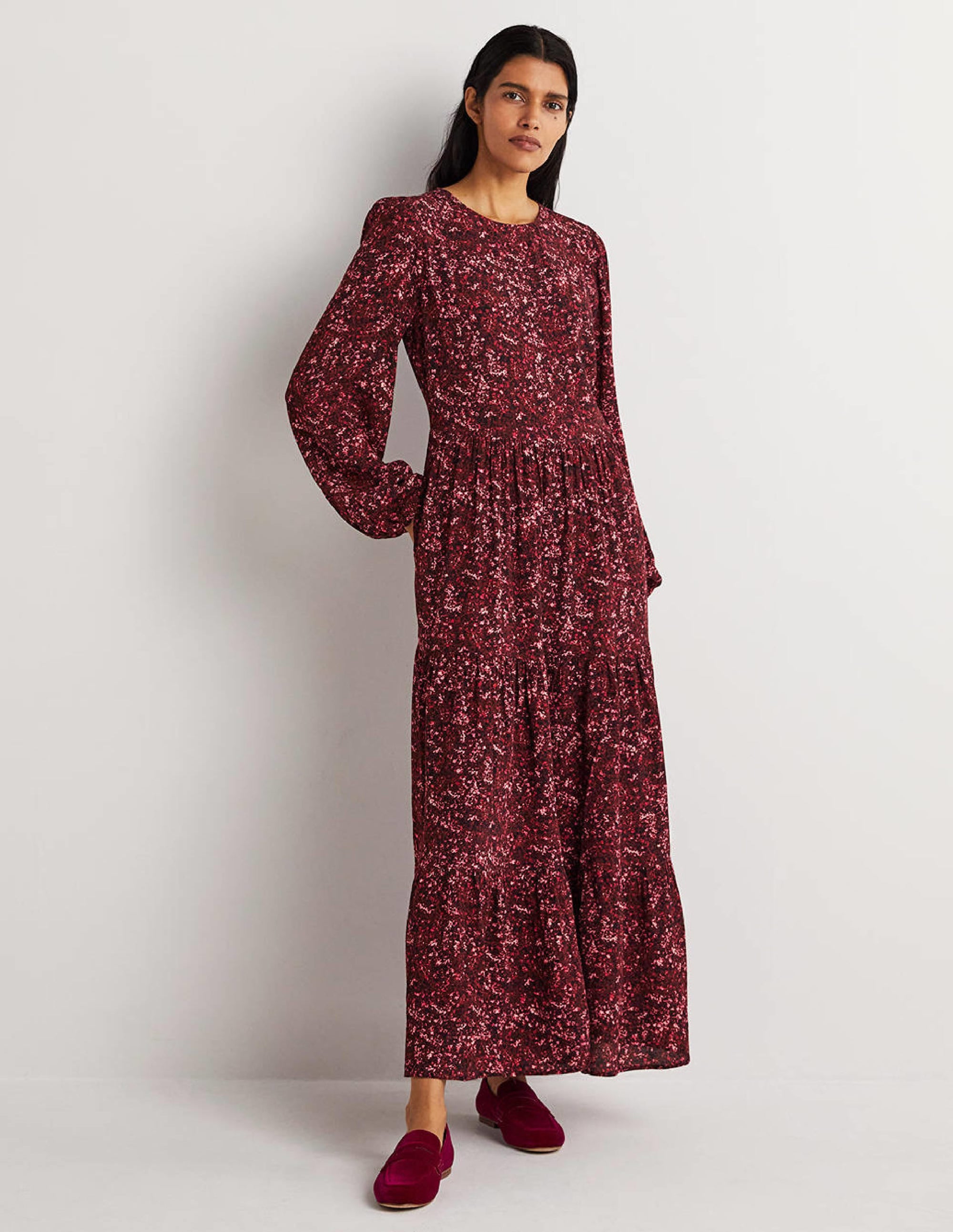 Stufenkleid mit Rundhalsausschnitt-Glühweinrot, Abstrakte Blüten - Image 1