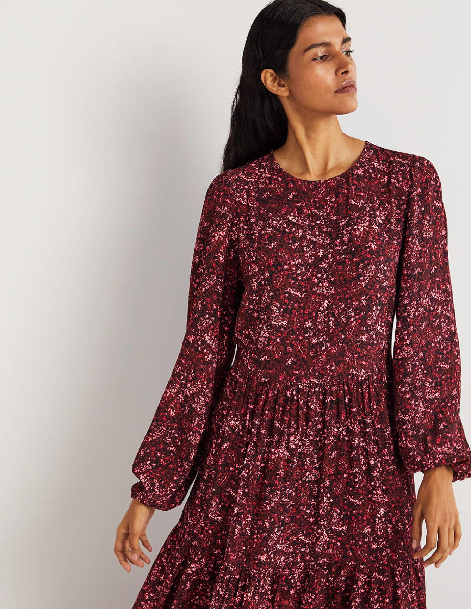 Stufenkleid mit Rundhalsausschnitt-Glühweinrot, Abstrakte Blüten-4