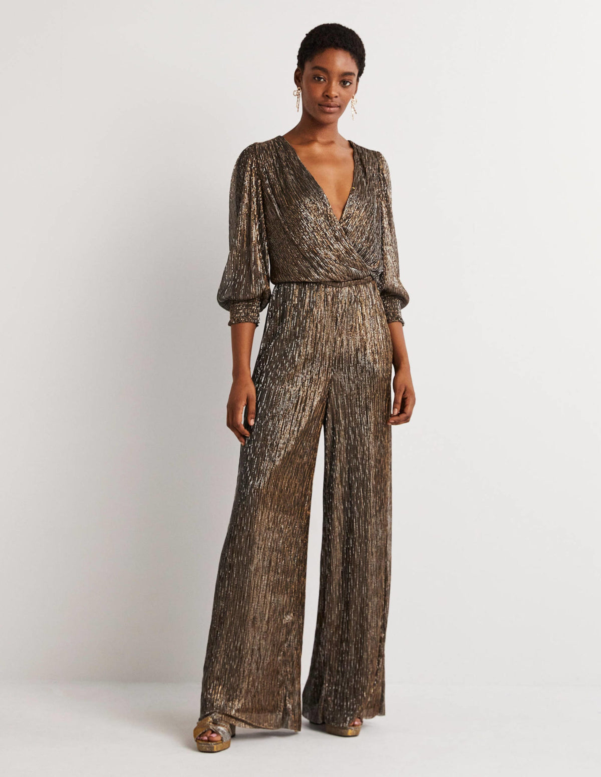 Plissee-Jumpsuit mit Palazzobeinen-Gold/Schwarz, Lurex-1