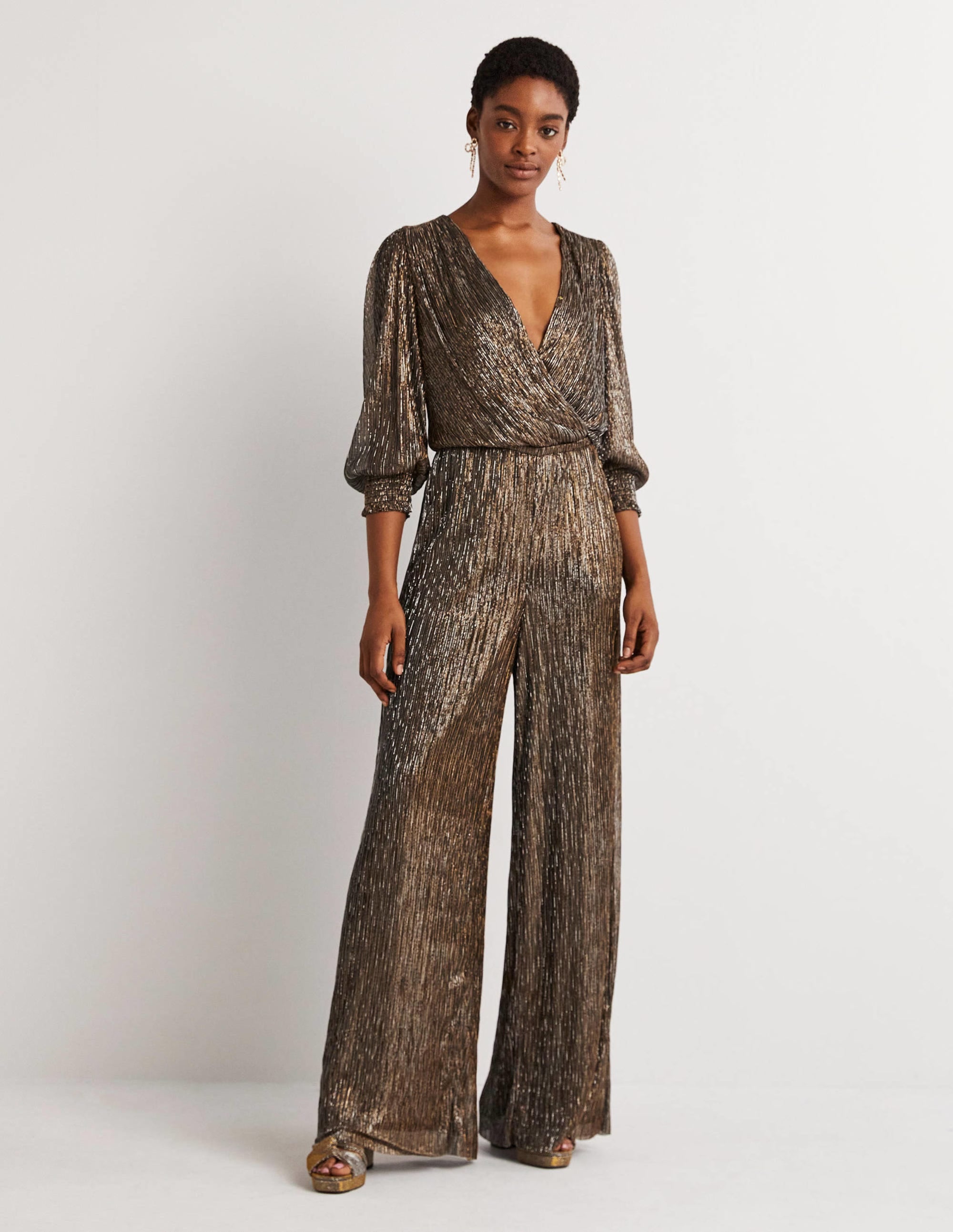 Plissee-Jumpsuit mit Palazzobeinen-Gold/Schwarz, Lurex - Image 1