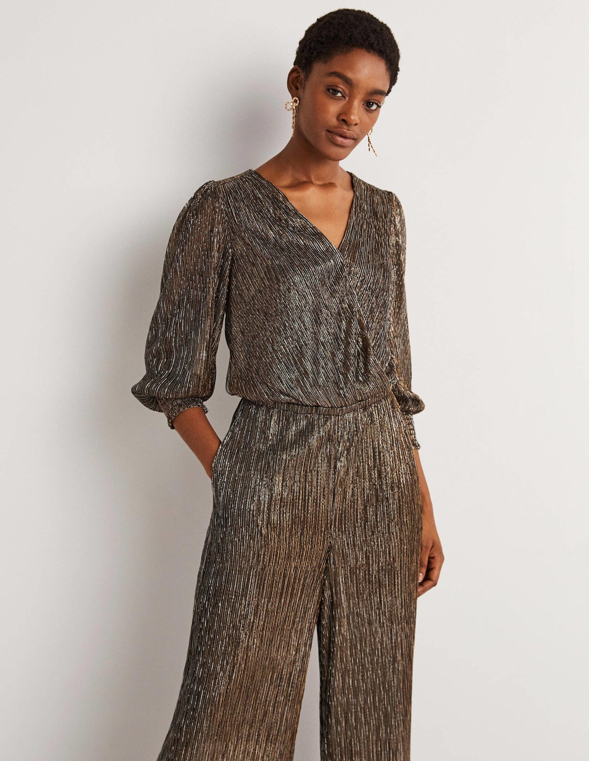 Plissee-Jumpsuit mit Palazzobeinen-Gold/Schwarz, Lurex-4