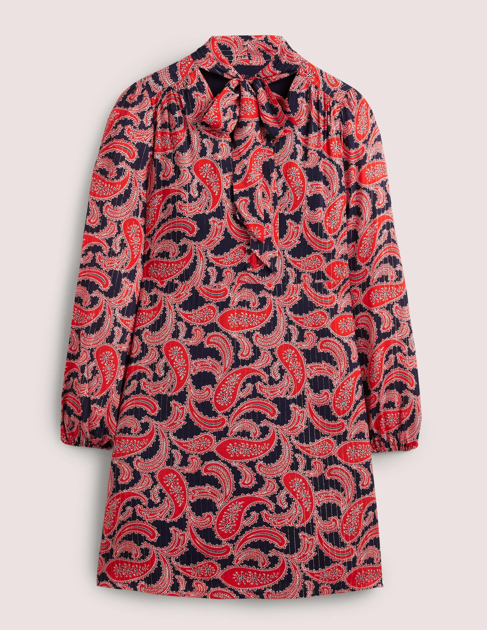 Tie Neck Mini Dress-Red, Paisley Cluster - Image 6