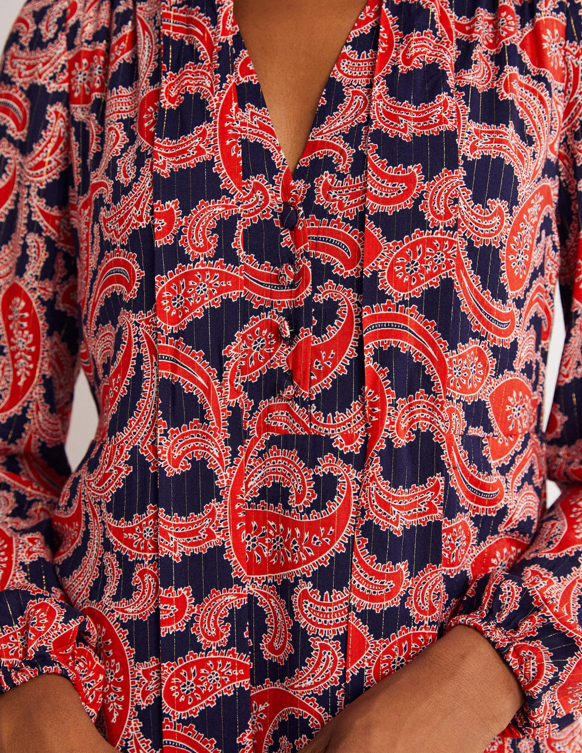 Tie Neck Mini Dress-Red, Paisley Cluster - Image 2