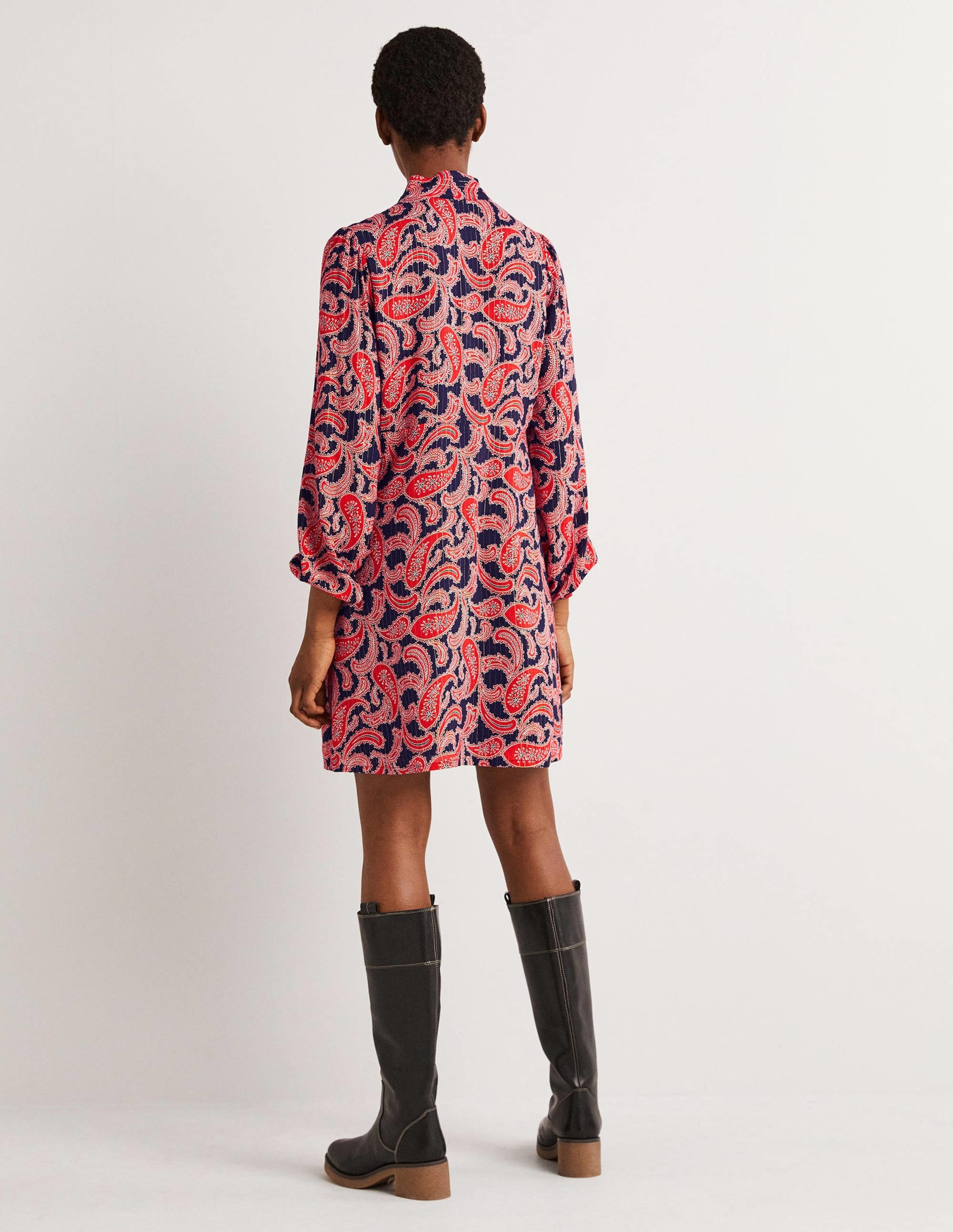 Tie Neck Mini Dress-Red, Paisley Cluster - Image 3