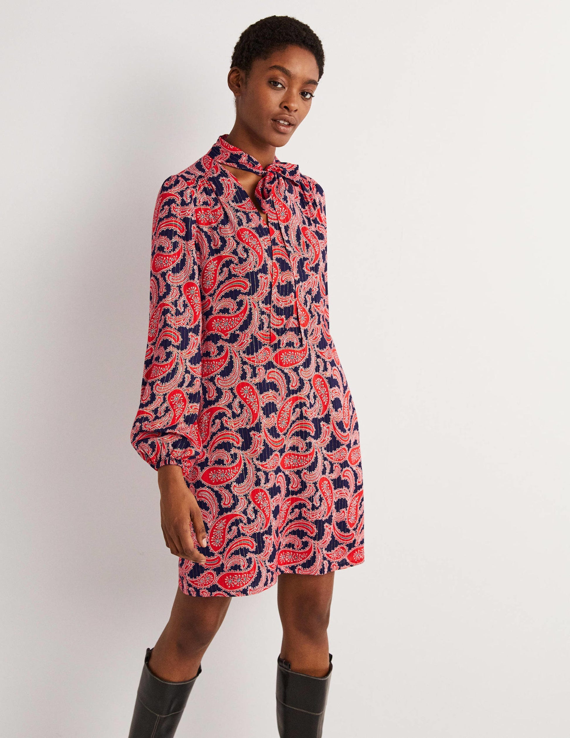 Tie Neck Mini Dress-Red, Paisley Cluster-4
