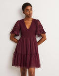 Mini-robe de fête en tulle à smocks-Rubis
