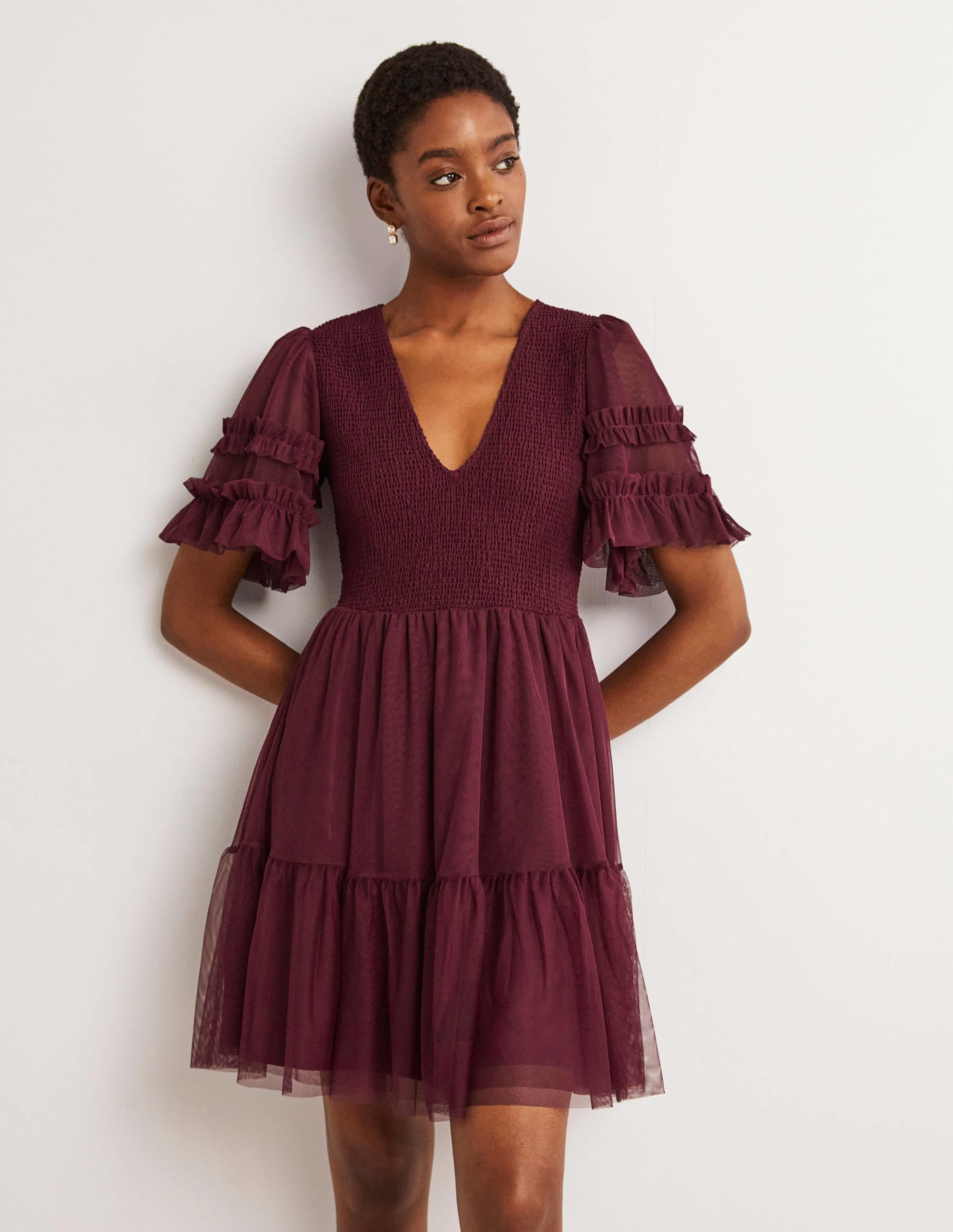 Mini-robe de fête en tulle à smocks-Rubis - Image 1