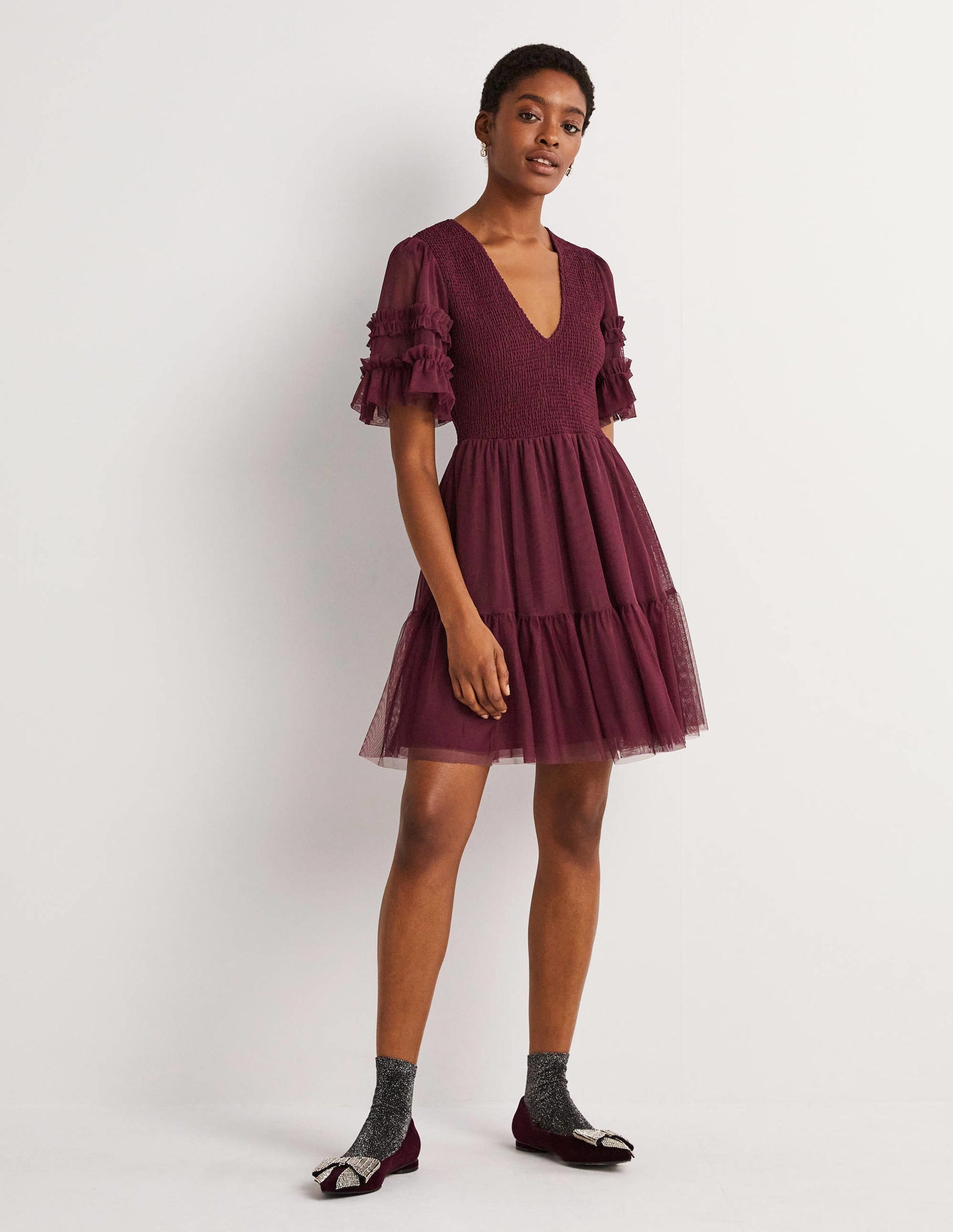 Mini-robe de fête en tulle à smocks-Rubis-4