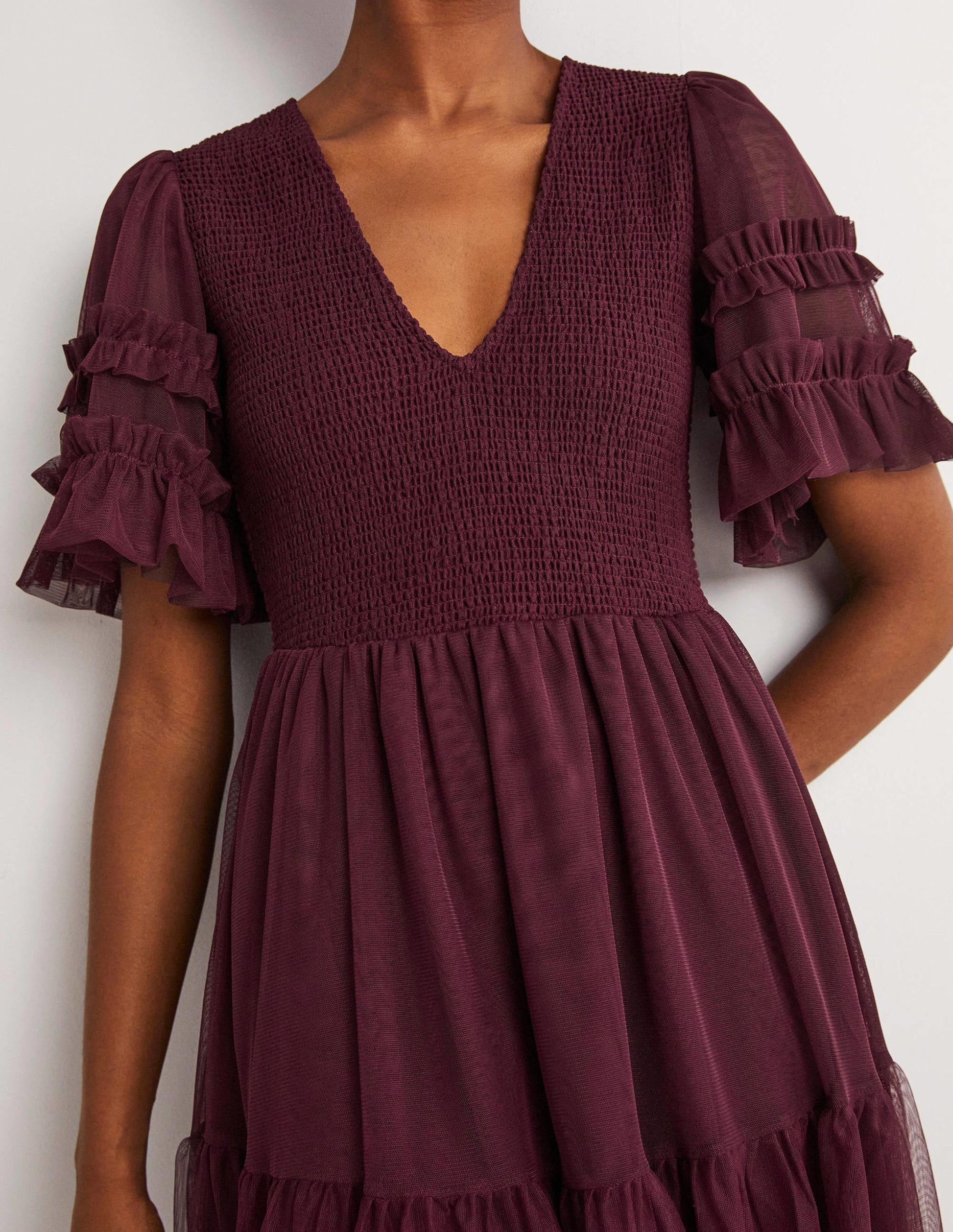 Mini-robe de fête en tulle à smocks-Rubis-5