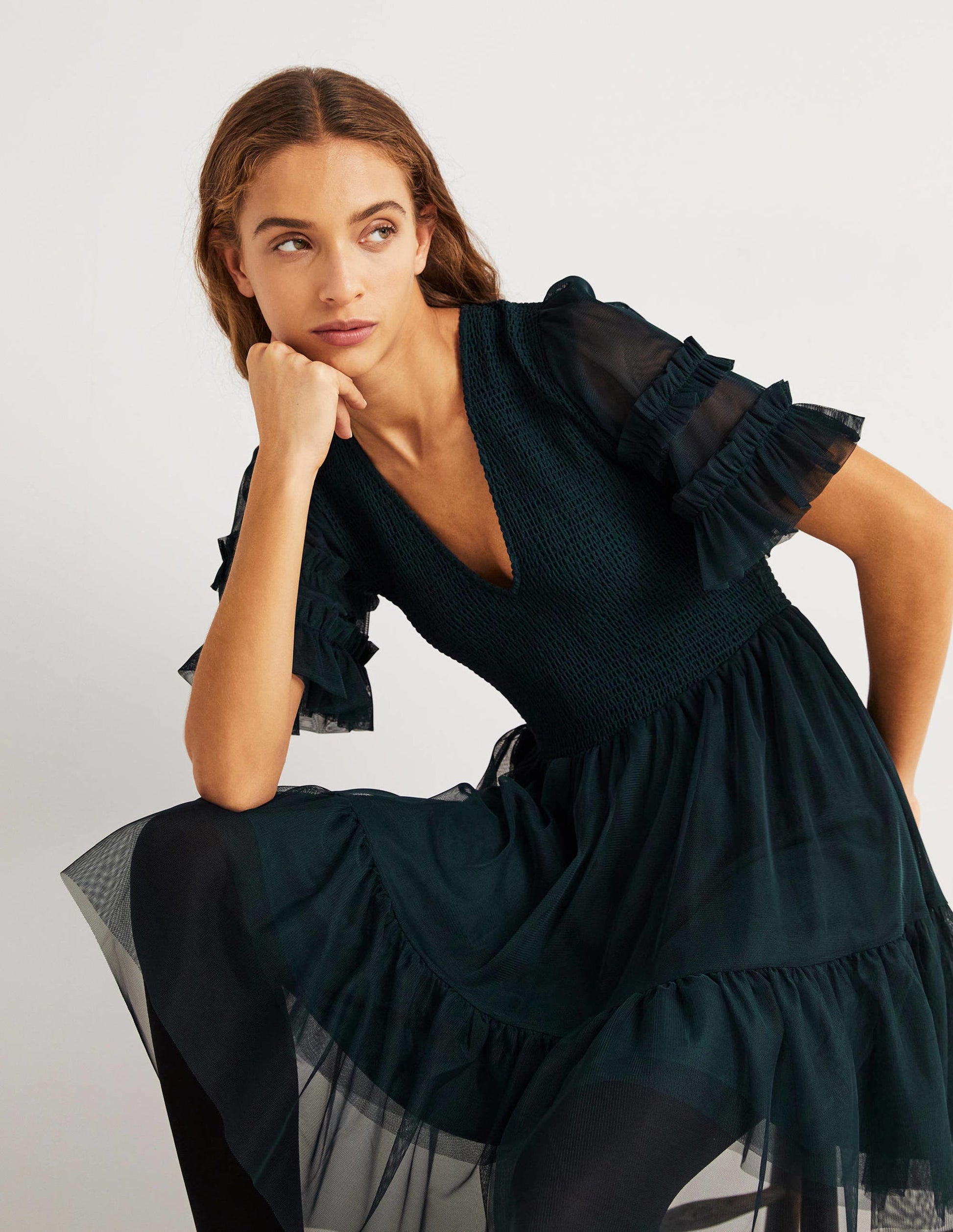 Gesmoktes Tüll-Minikleid-Algengrün-1