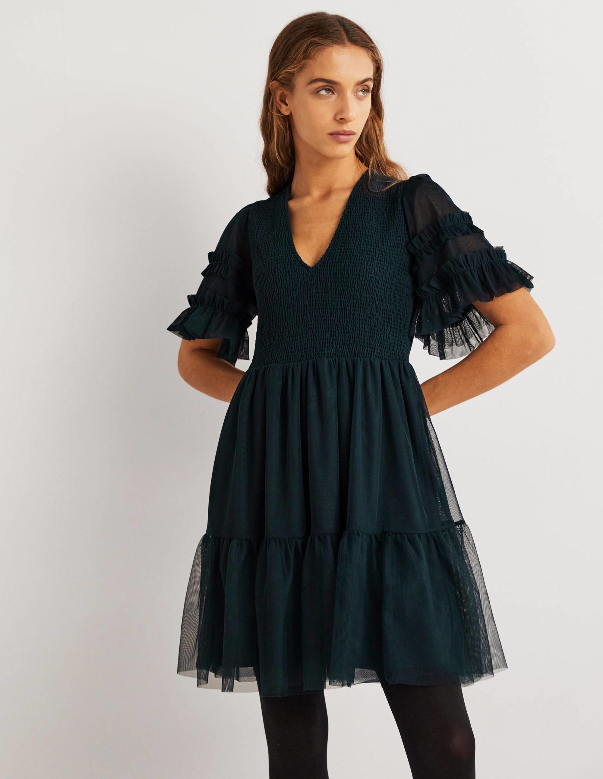 Gesmoktes Tüll-Minikleid-Algengrün - Image 2