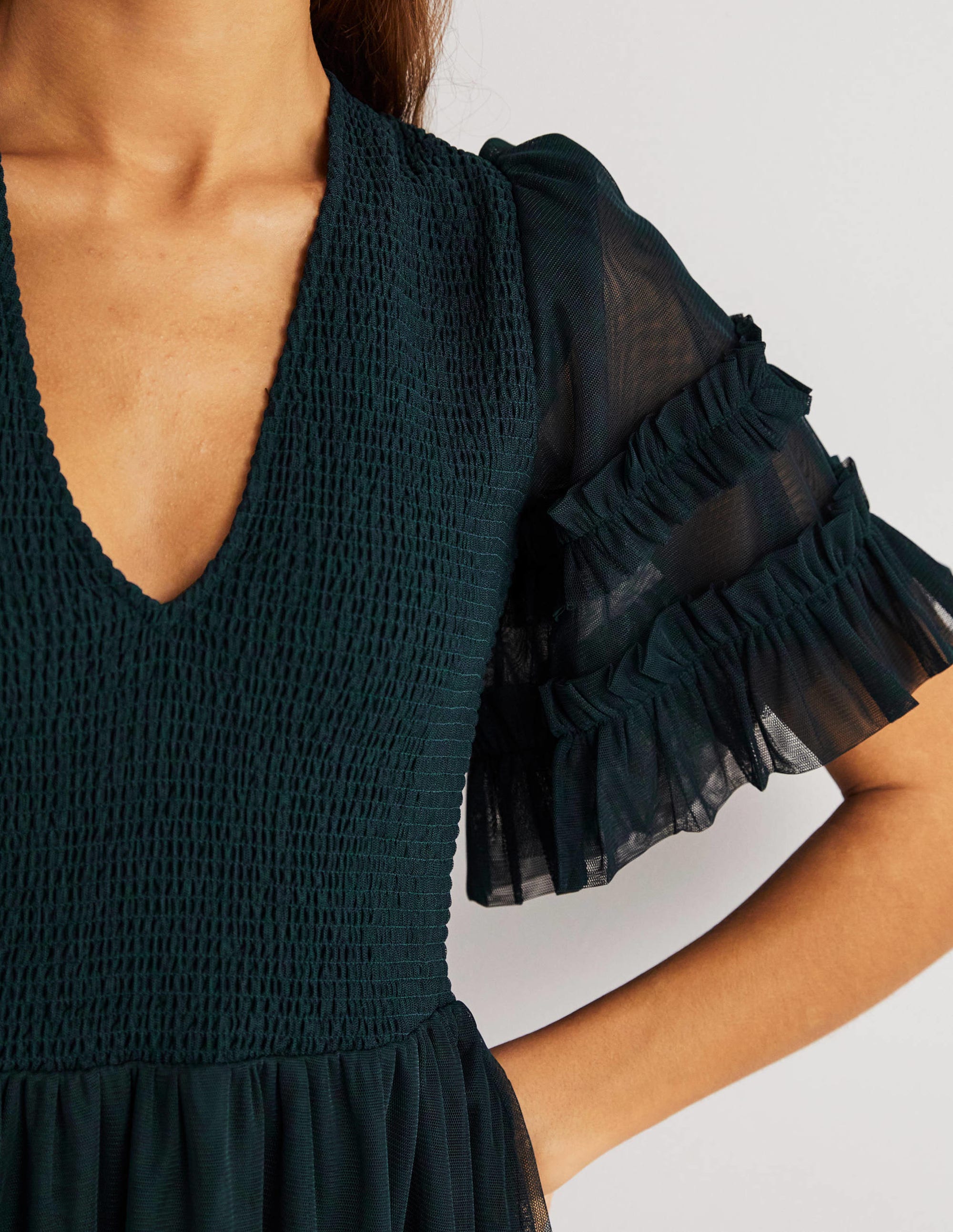 Gesmoktes Tüll-Minikleid-Algengrün - Image 3