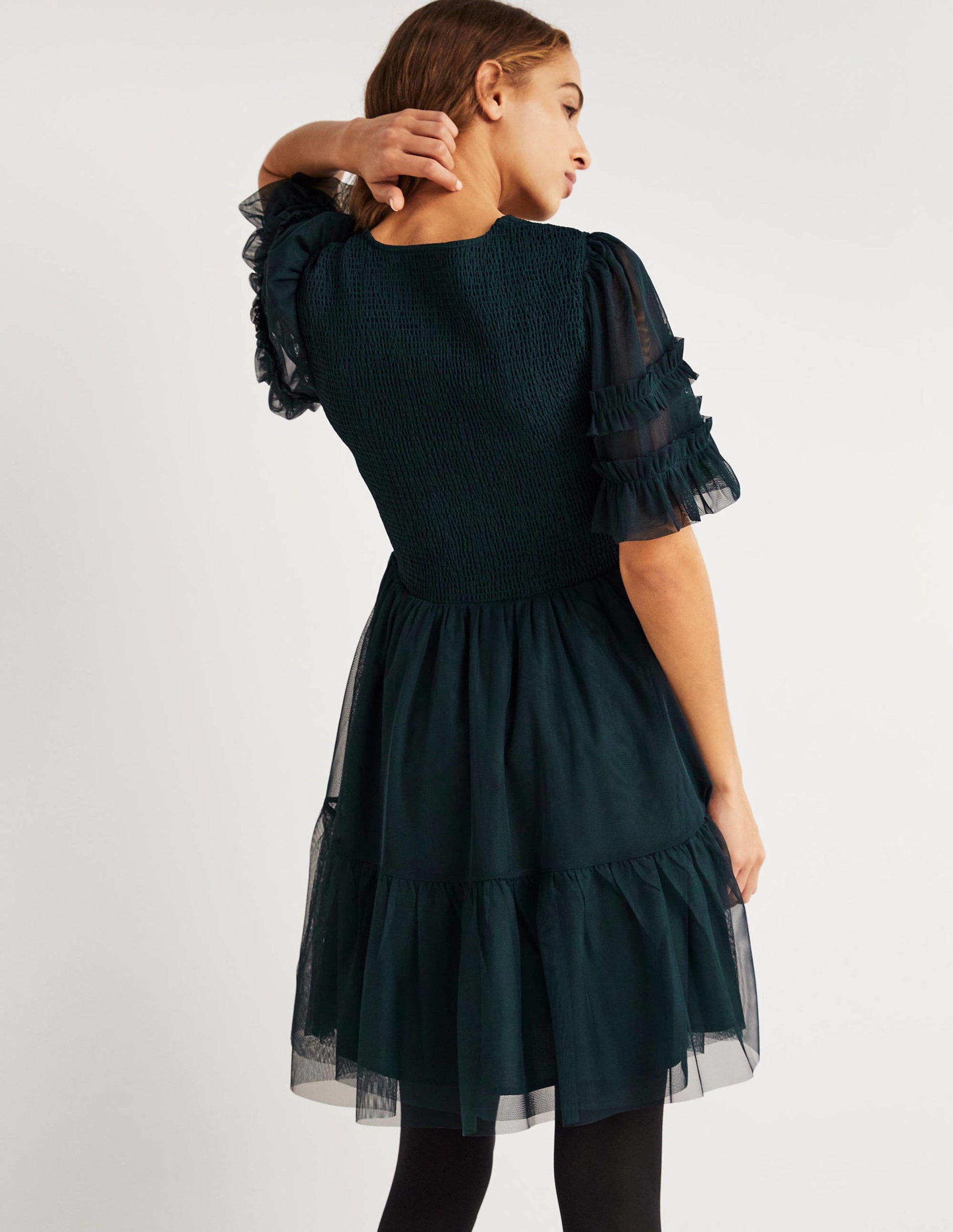 Gesmoktes Tüll-Minikleid-Algengrün-4