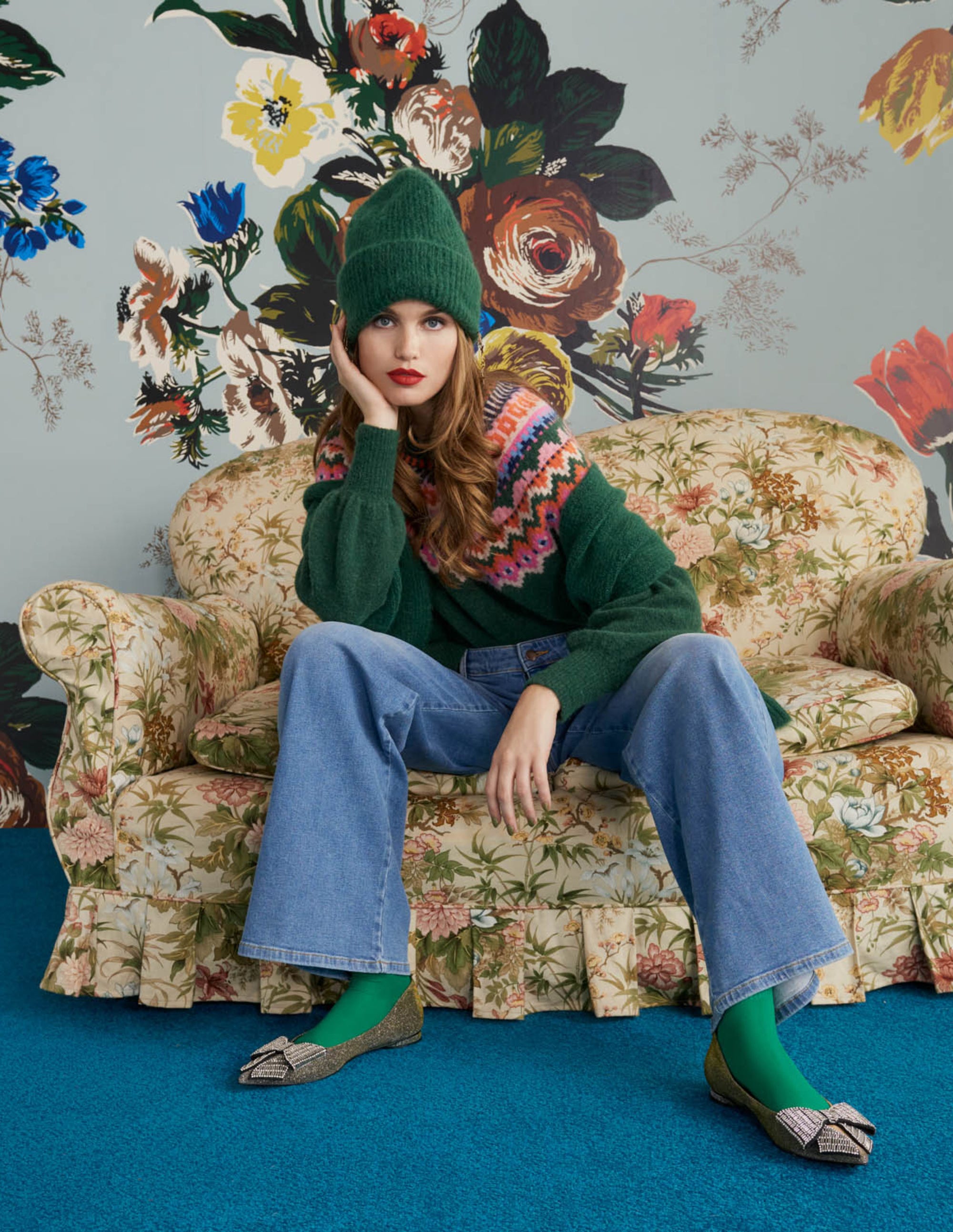 Flauschiger Pullover mit Blousonärmeln-Jägergrün, Fair-Isle-Muster - Image 6