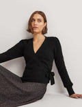 Flauschiger Wickel-Cardigan-Schwarz