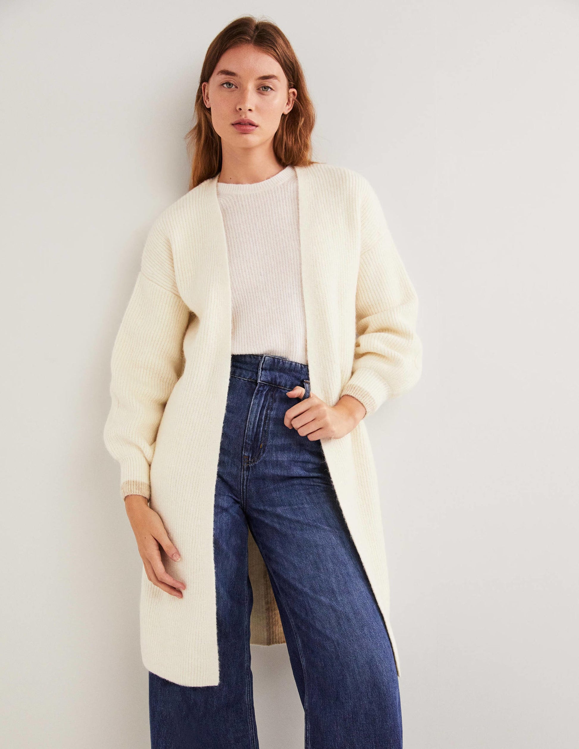 Flauschiger langer Cardigan-Warmes Naturweiß/Hellbeige-4