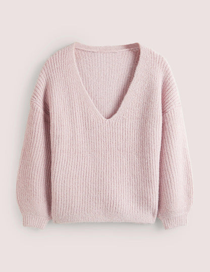 Flauschiger Grobstrick-Pullover mit V-Ausschnitt-Cameo-Rosa, Glitzer-5