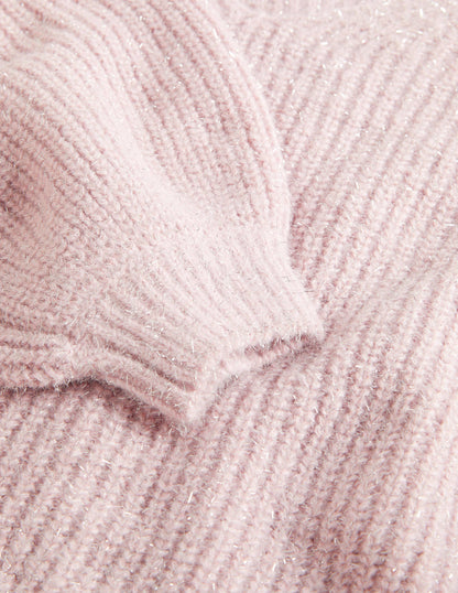 Flauschiger Grobstrick-Pullover mit V-Ausschnitt-Cameo-Rosa, Glitzer-6