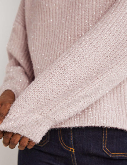 Flauschiger Grobstrick-Pullover mit V-Ausschnitt-Cameo-Rosa, Glitzer-2
